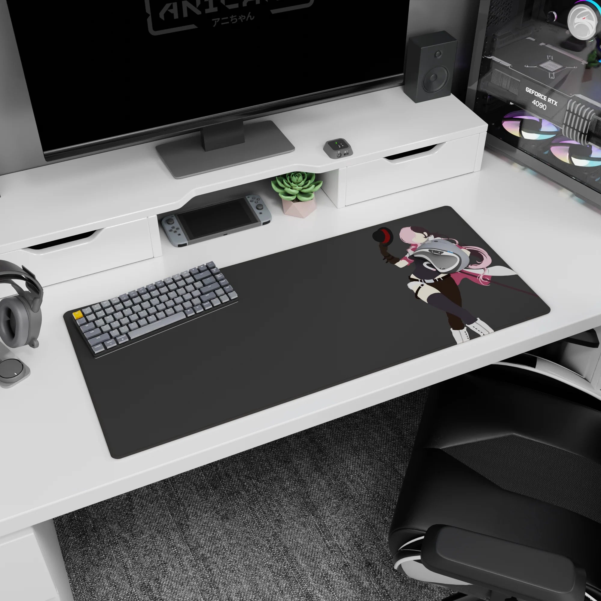 36x16 inches desk pad showing a pink-haired anime fighter posing with a baton, white boots, sleek gloves.
