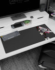 36x16 inches desk pad showing a pink-haired anime fighter posing with a baton, white boots, sleek gloves.