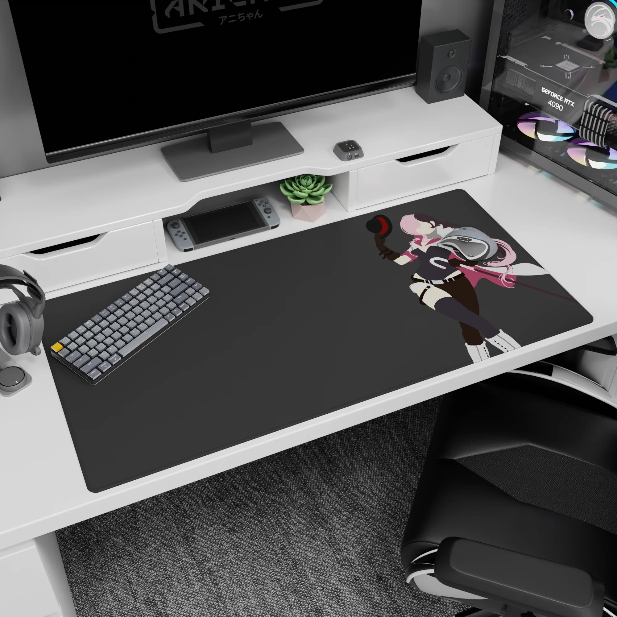 Pink-haired anime fighter winking with baton on desk pad 40x20 inches, white boots and gloves.