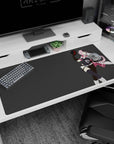 Pink-haired anime fighter winking with baton on desk pad 40x20 inches, white boots and gloves.