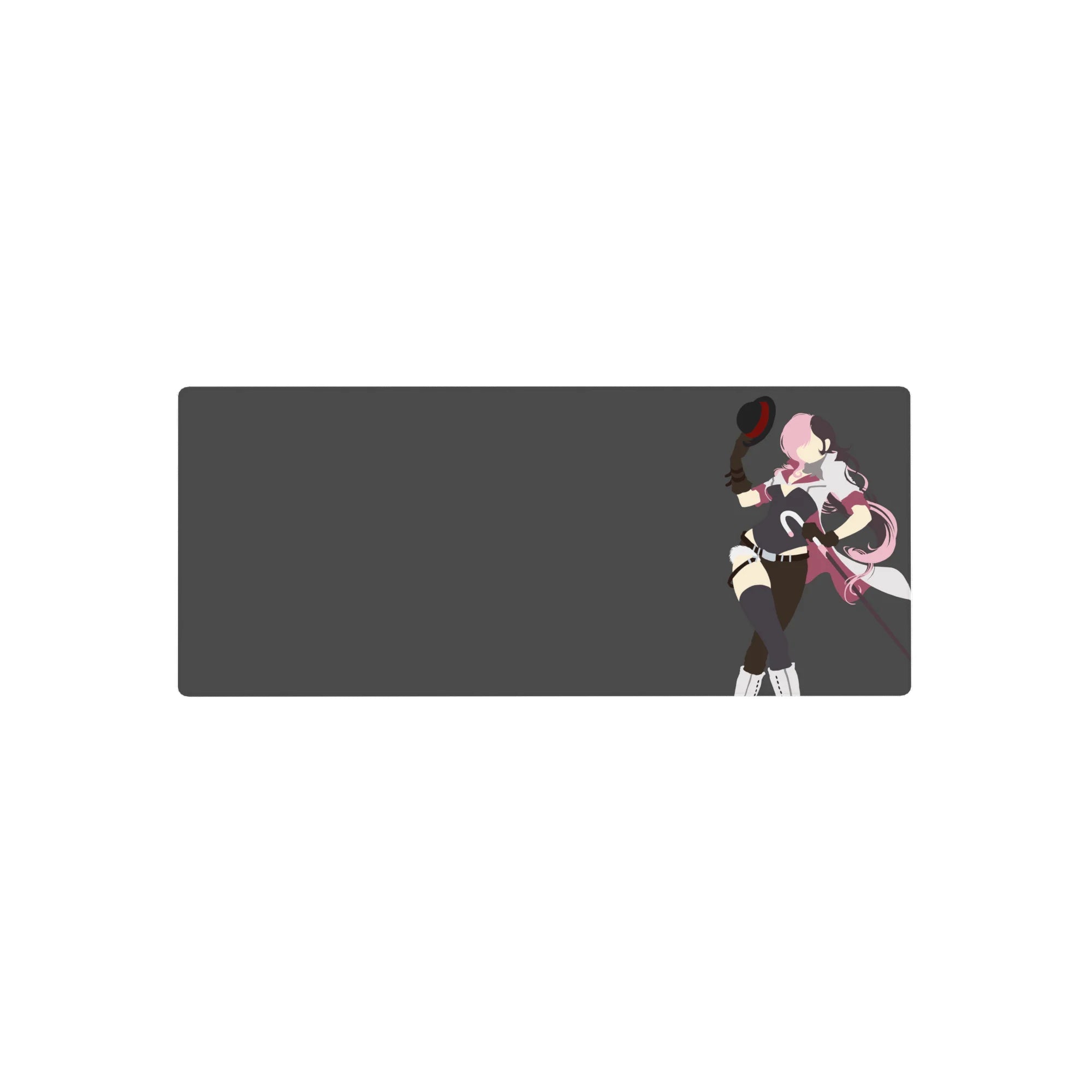 28x12 inches anime girl mouse pad with pink-haired fighter, black outfit, thigh highs, baton, gray background.