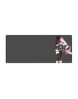 28x12 inches anime girl mouse pad with pink-haired fighter, black outfit, thigh highs, baton, gray background.