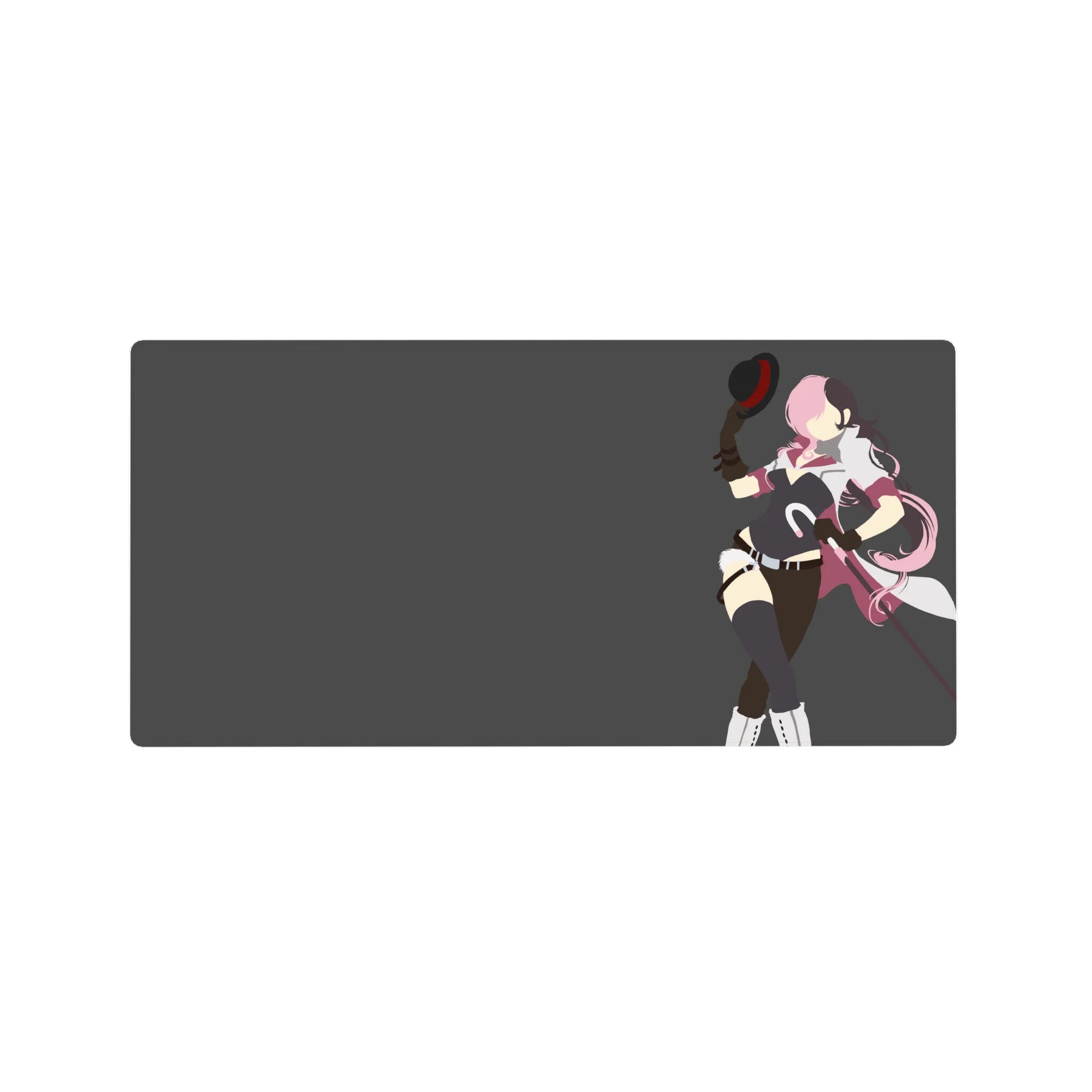 32x16 inches anime girl mouse pad with pink-haired fighter, black outfit, thigh highs, baton, gray backdrop.