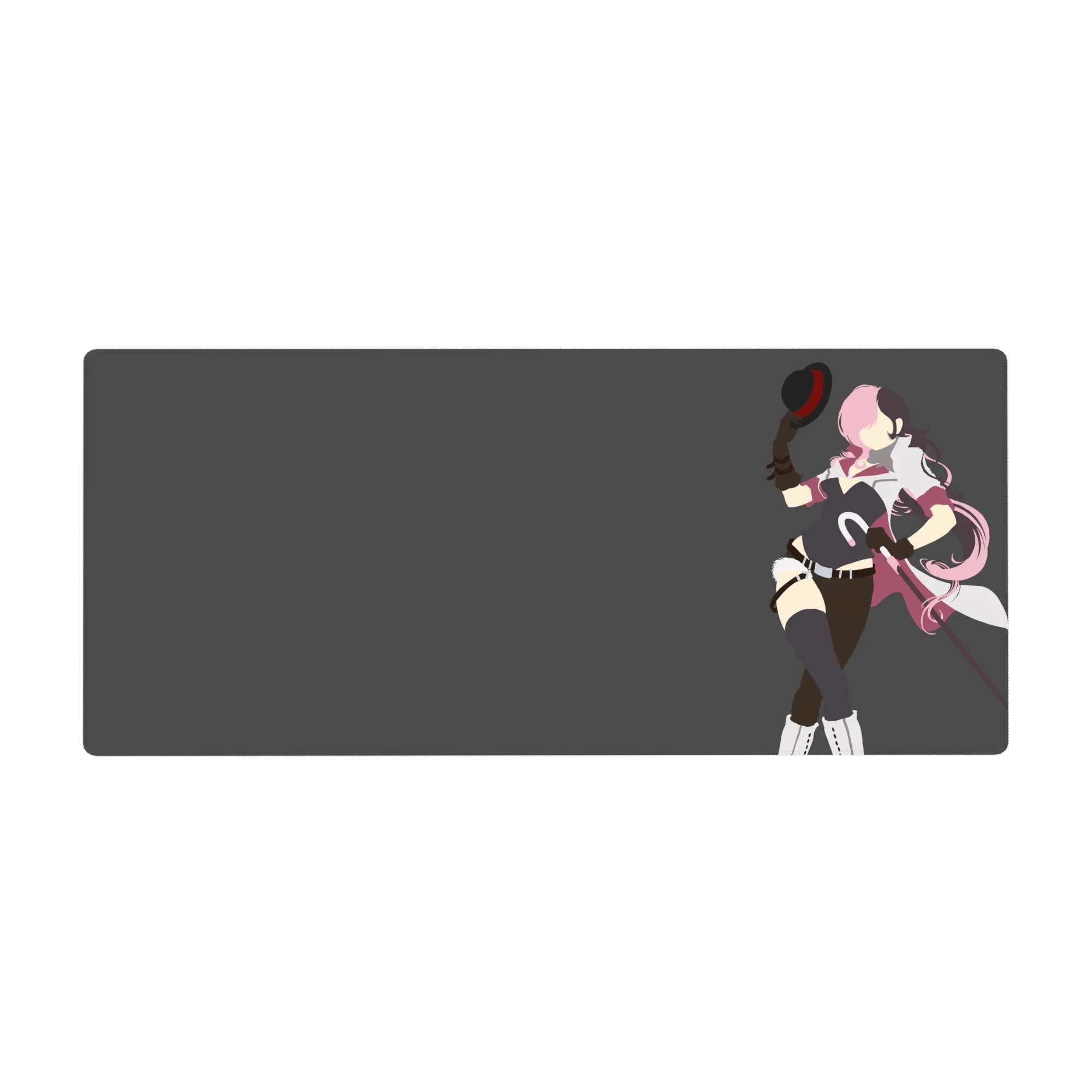 36x16 inches anime girl desk pad with pink-haired fighter, black outfit, thigh highs, baton, gray backdrop.
