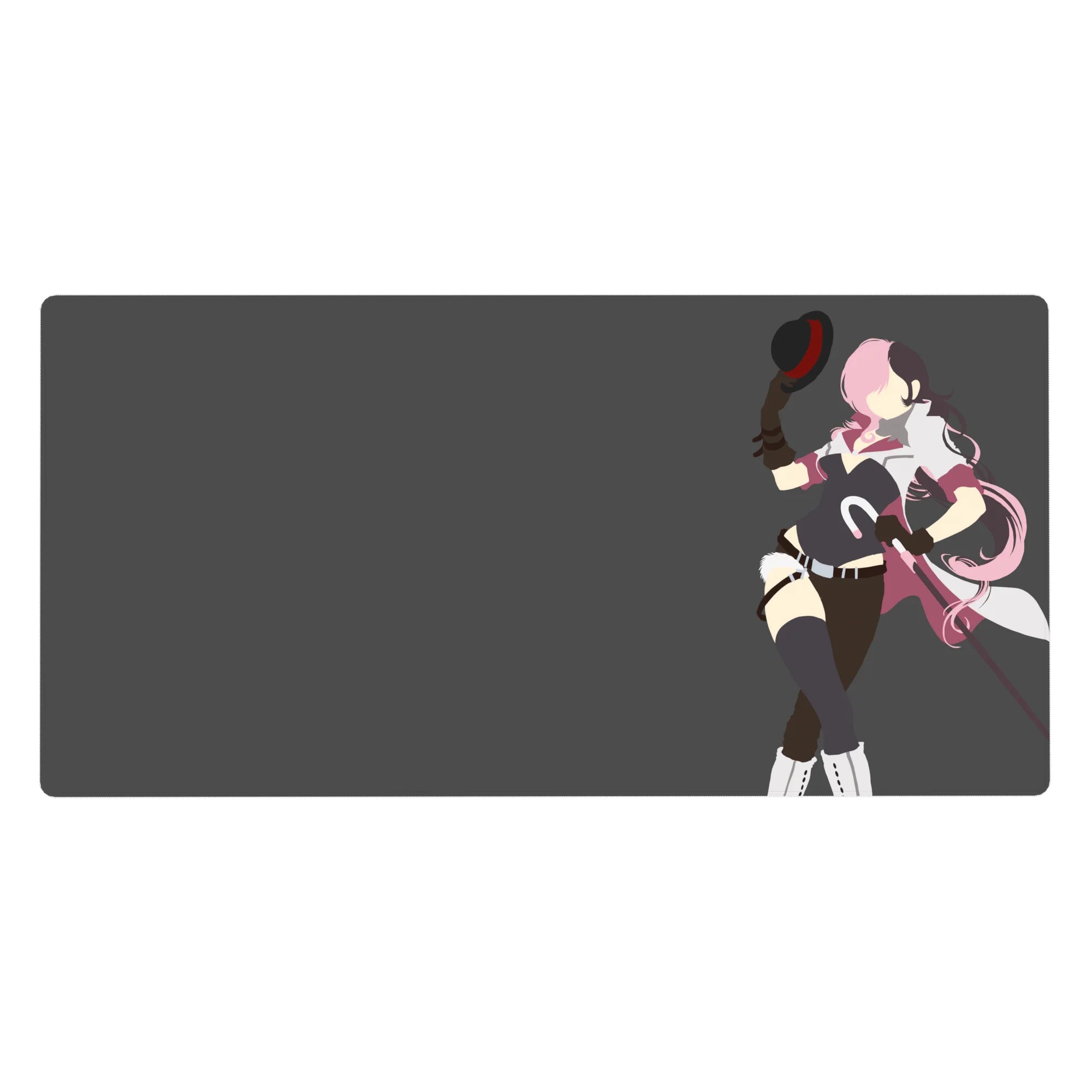 Anime girl desk pad 40x20 inches with pink-haired fighter, black outfit, thigh highs, baton, gray background.