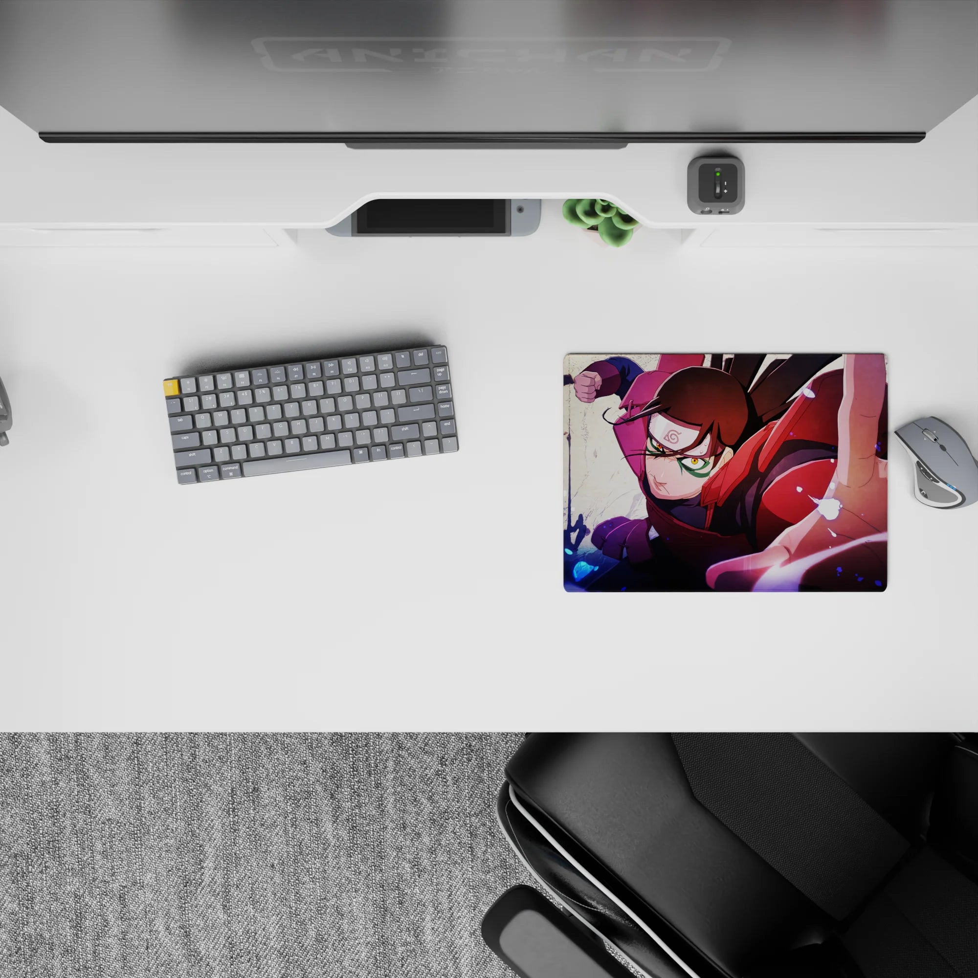 14x10 inches anime mouse pad with crimson jacket, purples and inky blues, stormy spark vibe for desk setups.