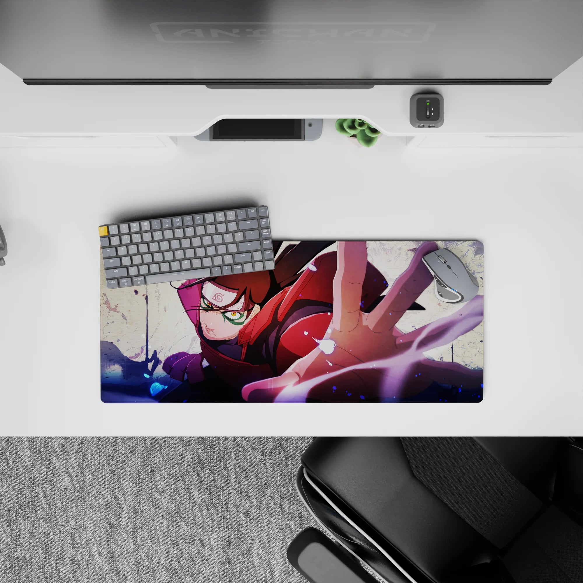 28x12 inches anime mouse pad in crimson, purple, and inky blue storm-spark palette for a bold desk vibe.