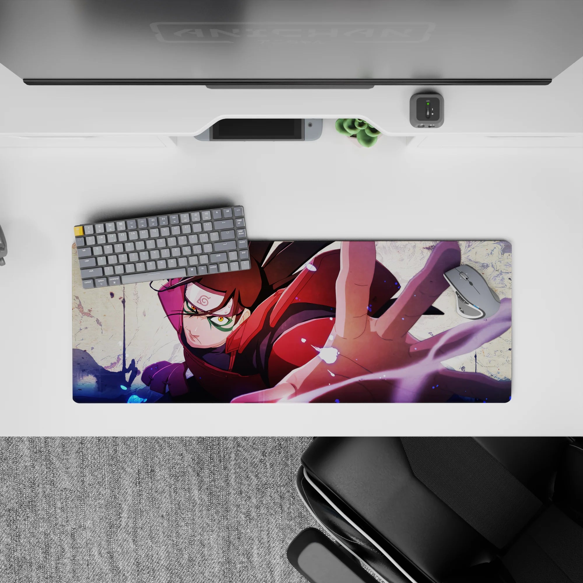 32x12 inches anime desk mat in crimson, purple, and inky blue splashes, stormy energy for gaming.
