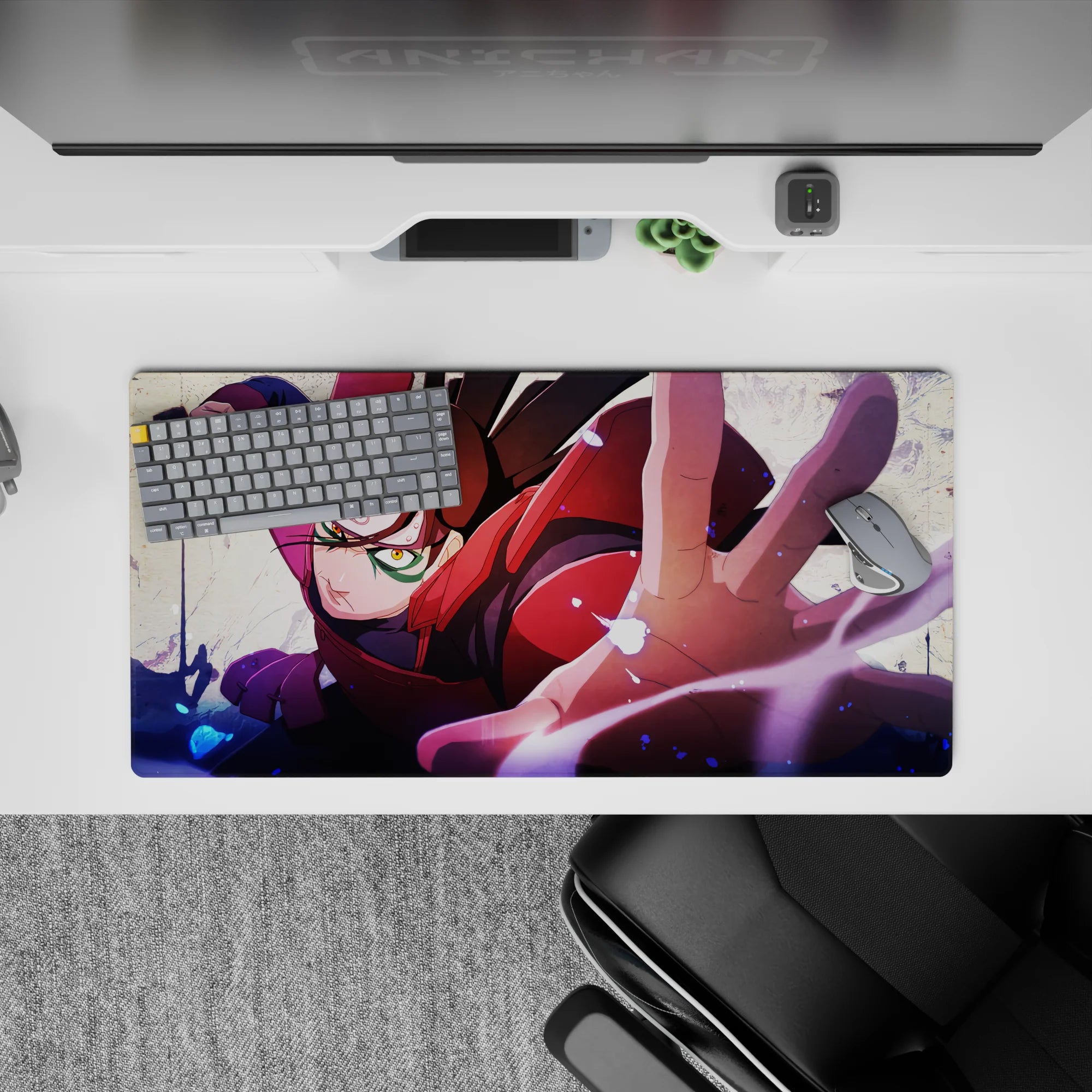 32x16 inches anime mouse pad with crimson, purple, and inky blue storm-spark vibes for a bold desk setup.