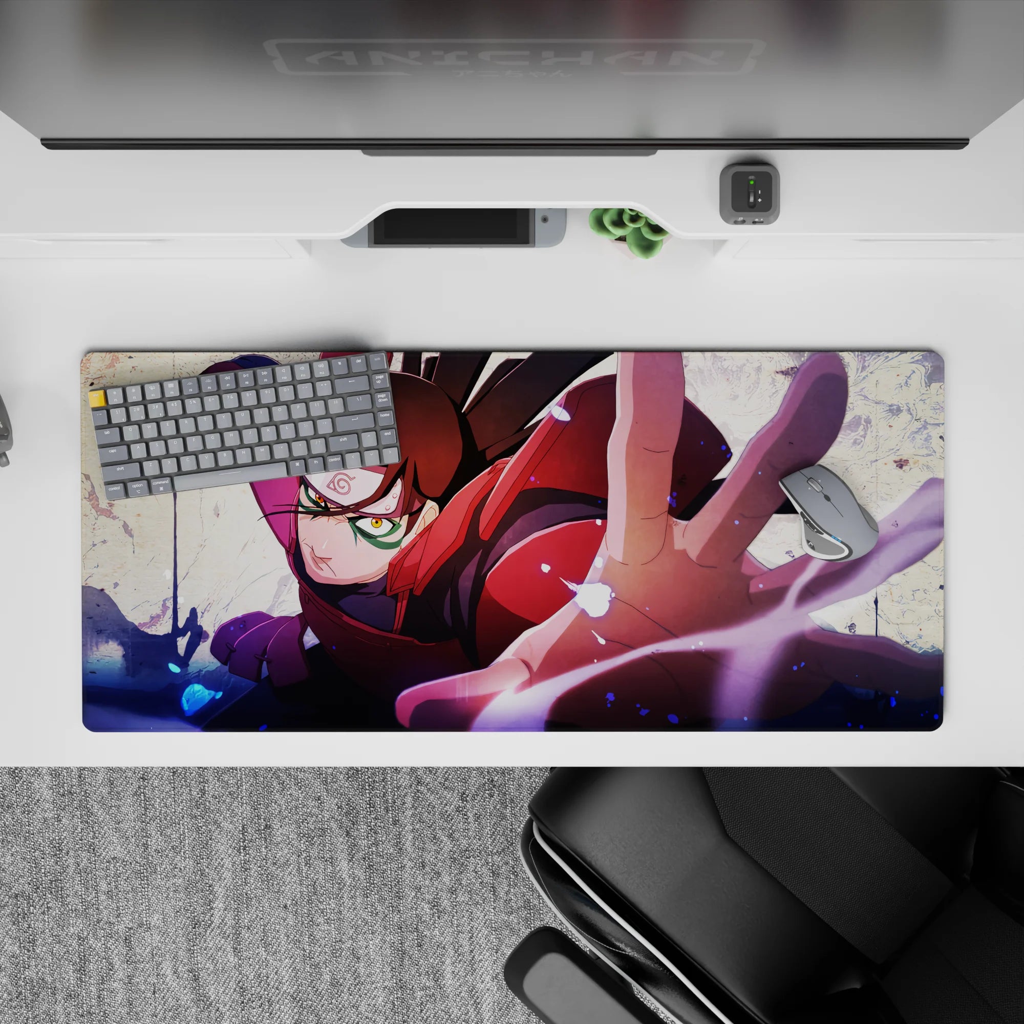 36x16 inches anime desk pad in crimson, purple, and inky blue sparks, sleek fast-glide gaming surface.