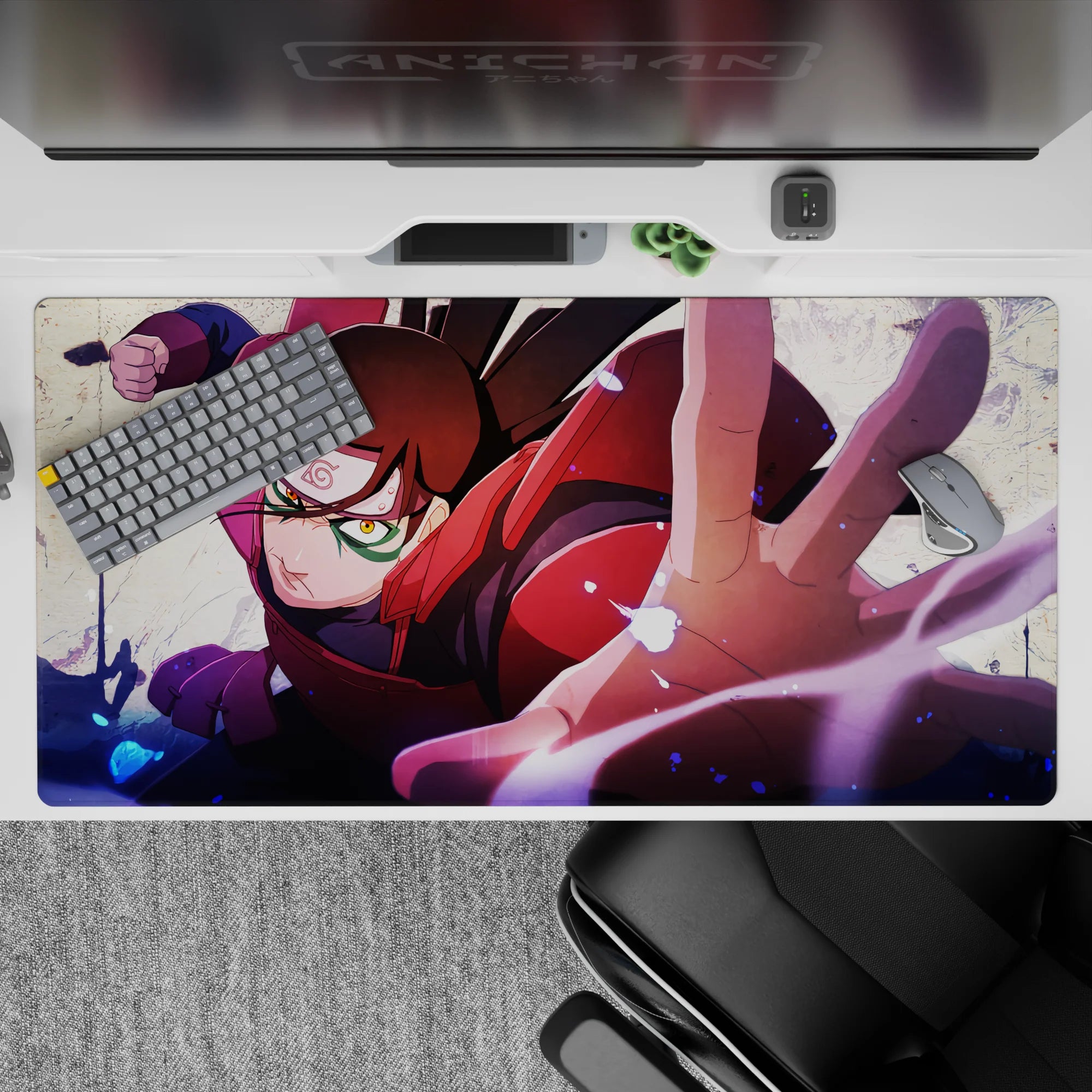 Vibrant 40x20 inches anime desk pad in crimson, purple, and inky blue sparks for a high-energy setup.