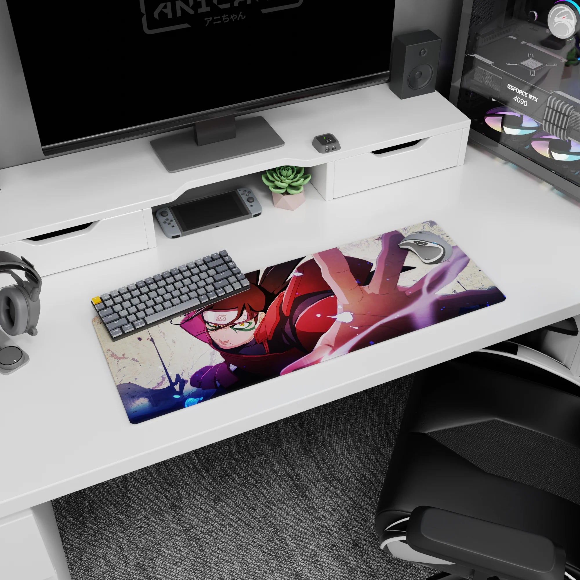 32x12 inches mouse pad showing Sarada Uchiha lunging forward in a red jacket, Sharingan focused.