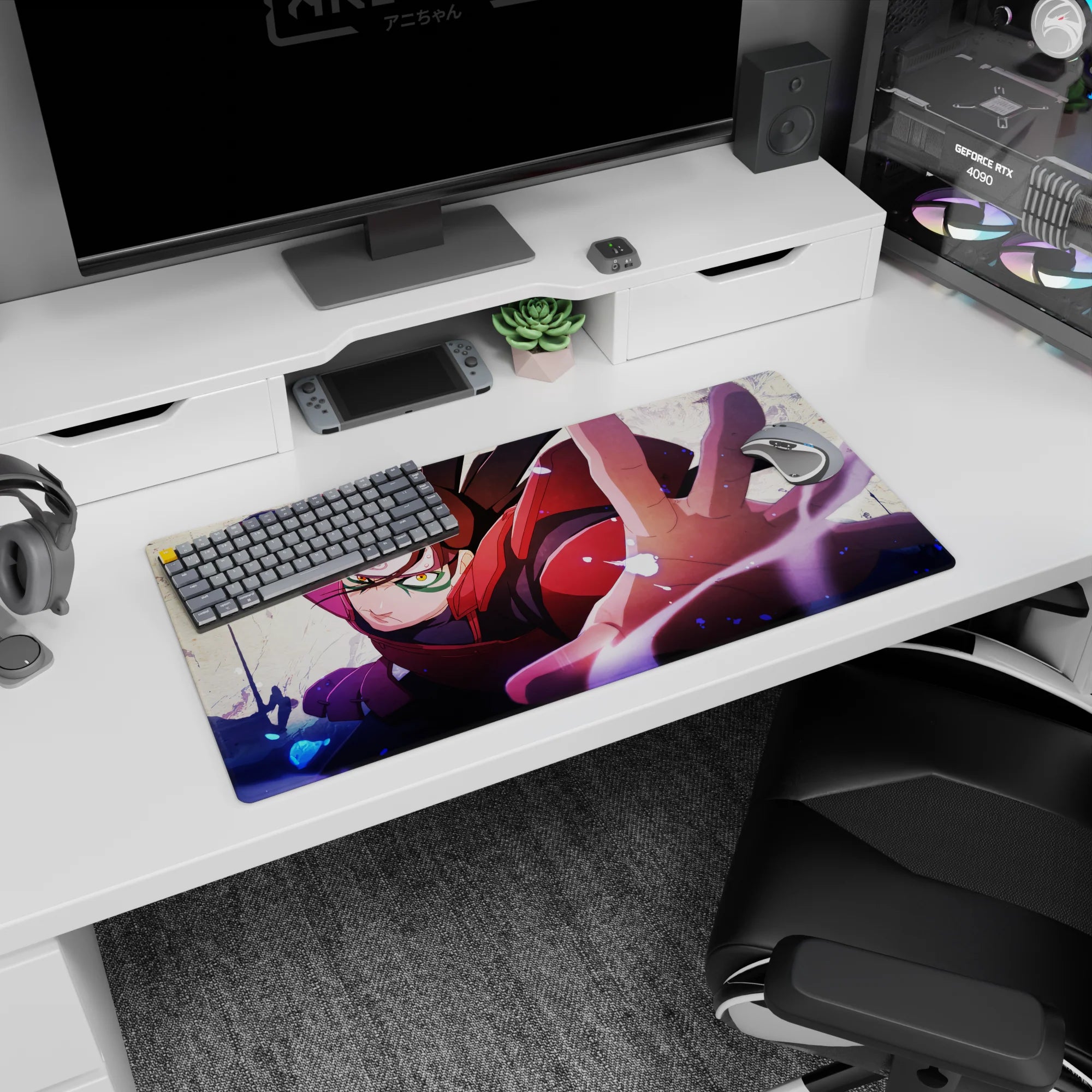 32x16 inches anime mouse pad showing Sarada Uchiha lunging forward, intense Sharingan stare in motion.