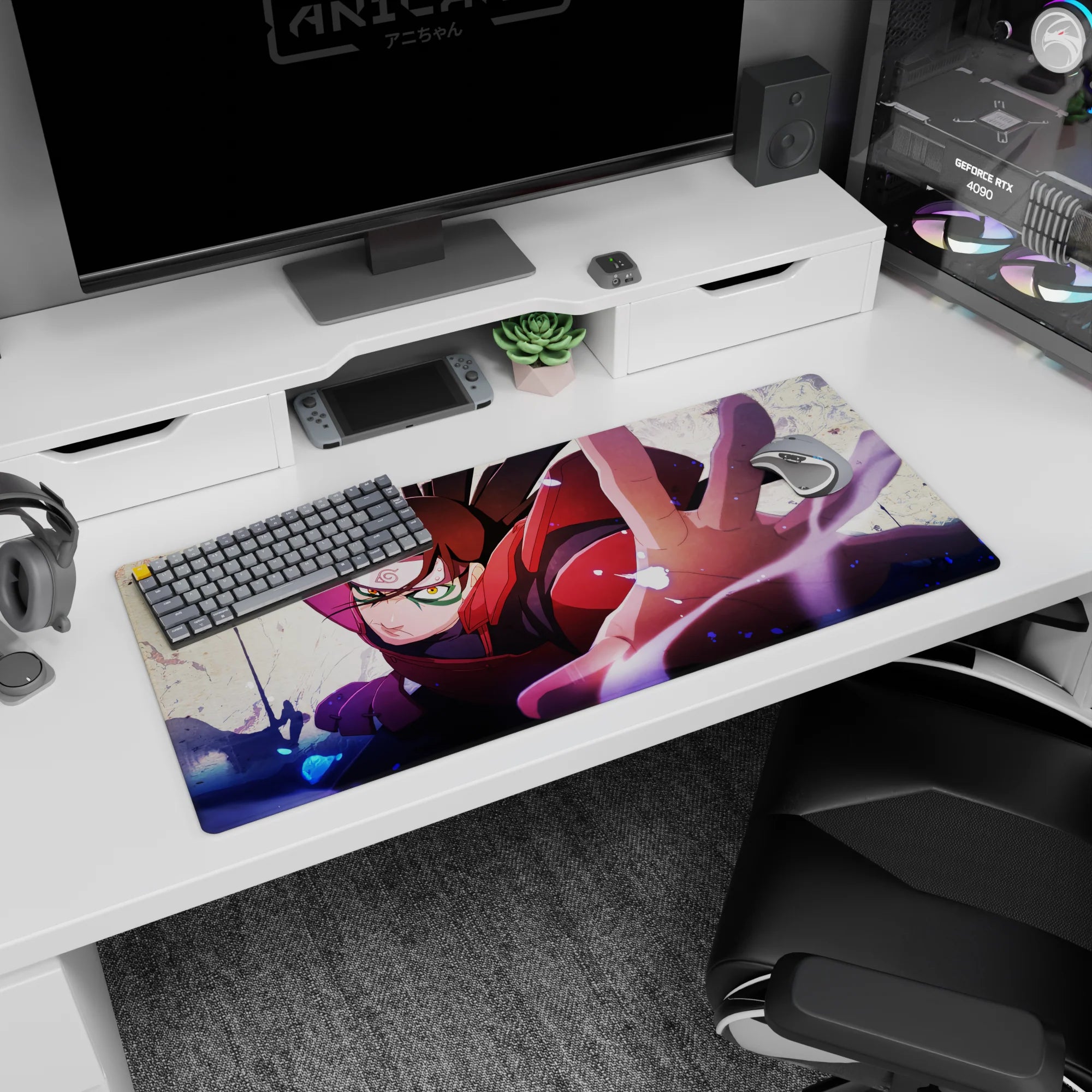 36x16 inches Boruto Sarada Uchiha desk pad, lunging forward in red jacket with intense Sharingan eyes.