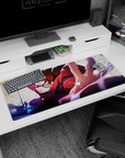 36x16 inches Boruto Sarada Uchiha desk pad, lunging forward in red jacket with intense Sharingan eyes.