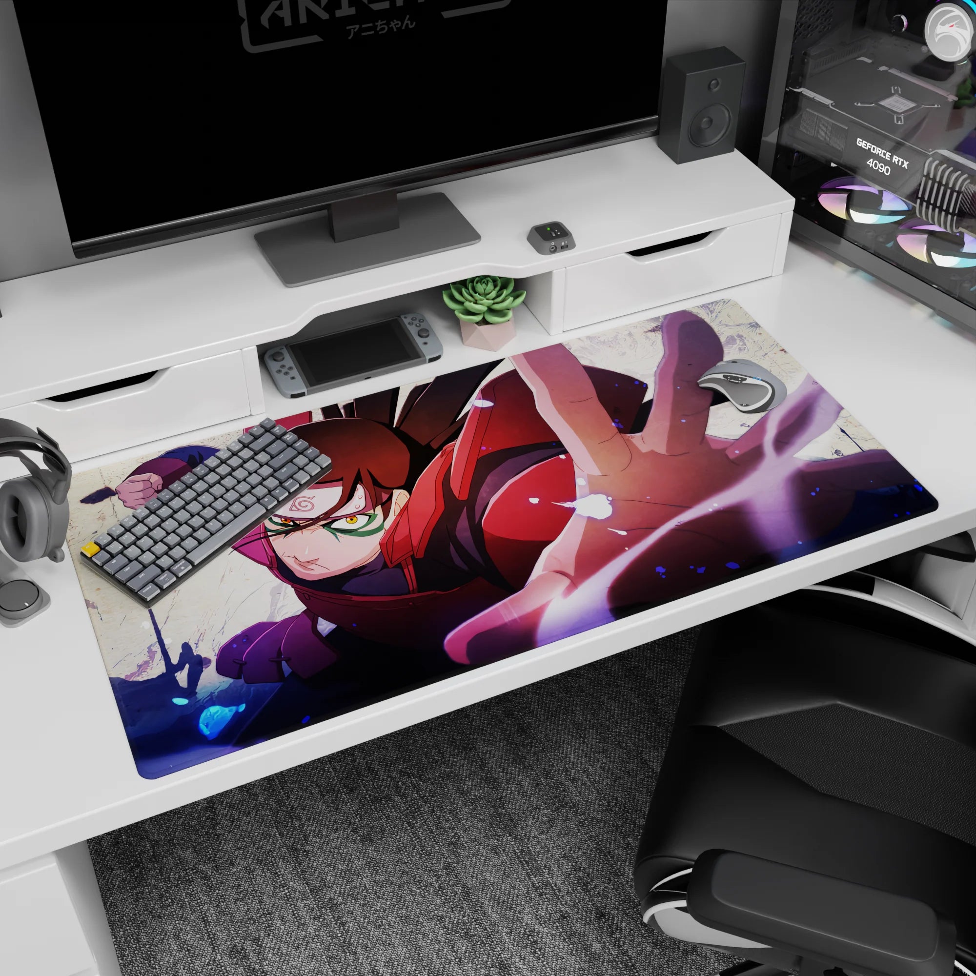 Sarada Uchiha lunging forward on a 40x20 inches anime desk pad, Sharingan stare and Konoha headband.