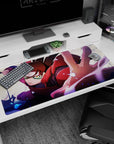 Sarada Uchiha lunging forward on a 40x20 inches anime desk pad, Sharingan stare and Konoha headband.