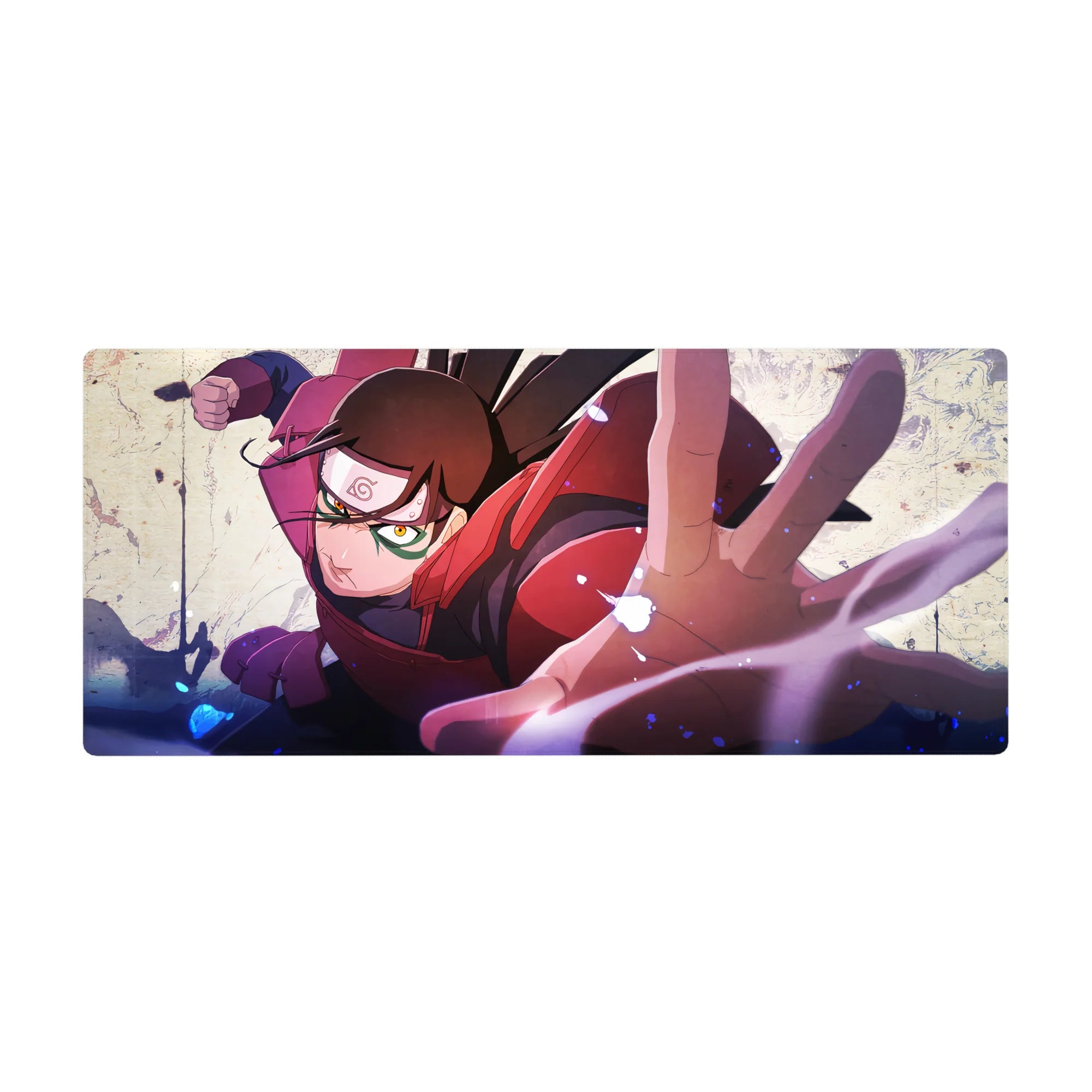 36x16 inches anime desk pad with Sarada Uchiha lunge artwork, Sharingan stare and Konoha headband.