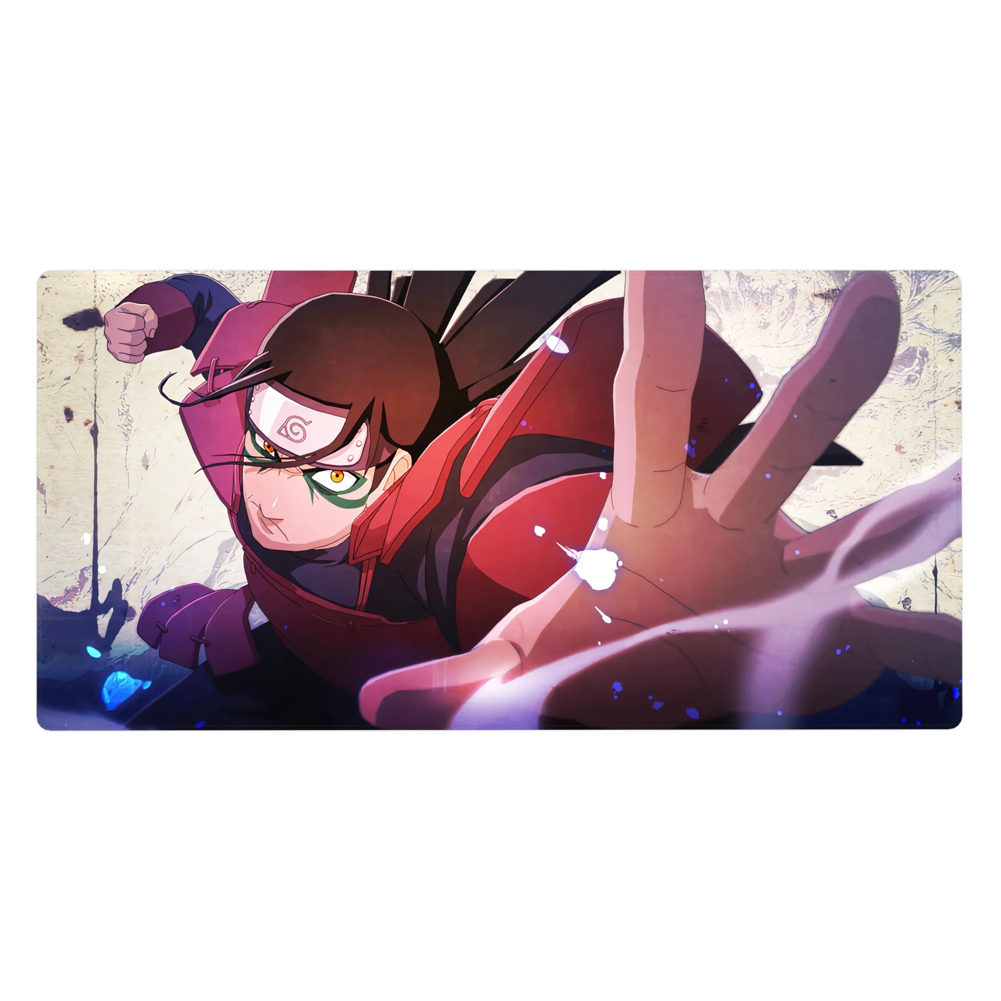 Anime desk pad 40x20 inches featuring a dynamic ninja lunge design with Sharingan details and headband.