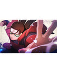 Anime desk pad 40x20 inches featuring a dynamic ninja lunge design with Sharingan details and headband.