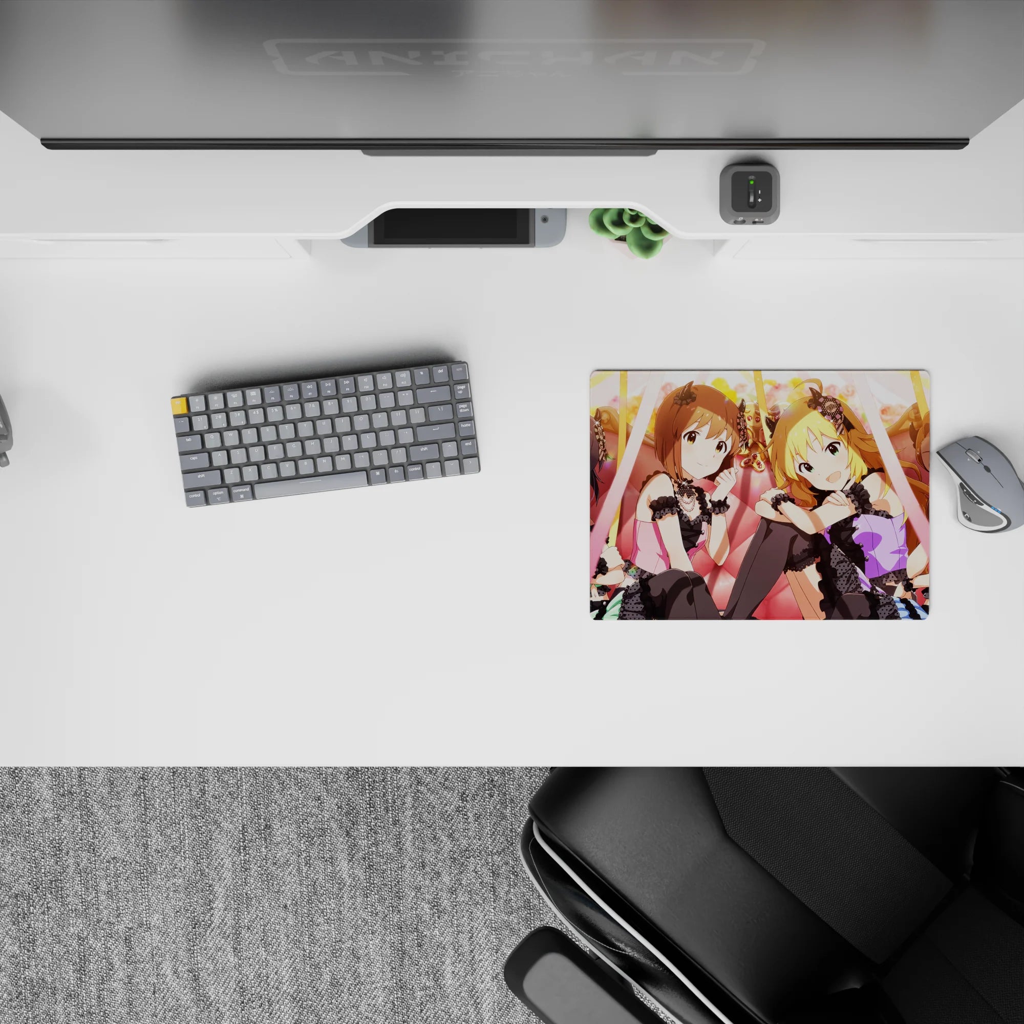 Anime girl mouse pad 14x10 inches in warm peach lights, candy pink tones, and soft gold glow, cute sparkle.