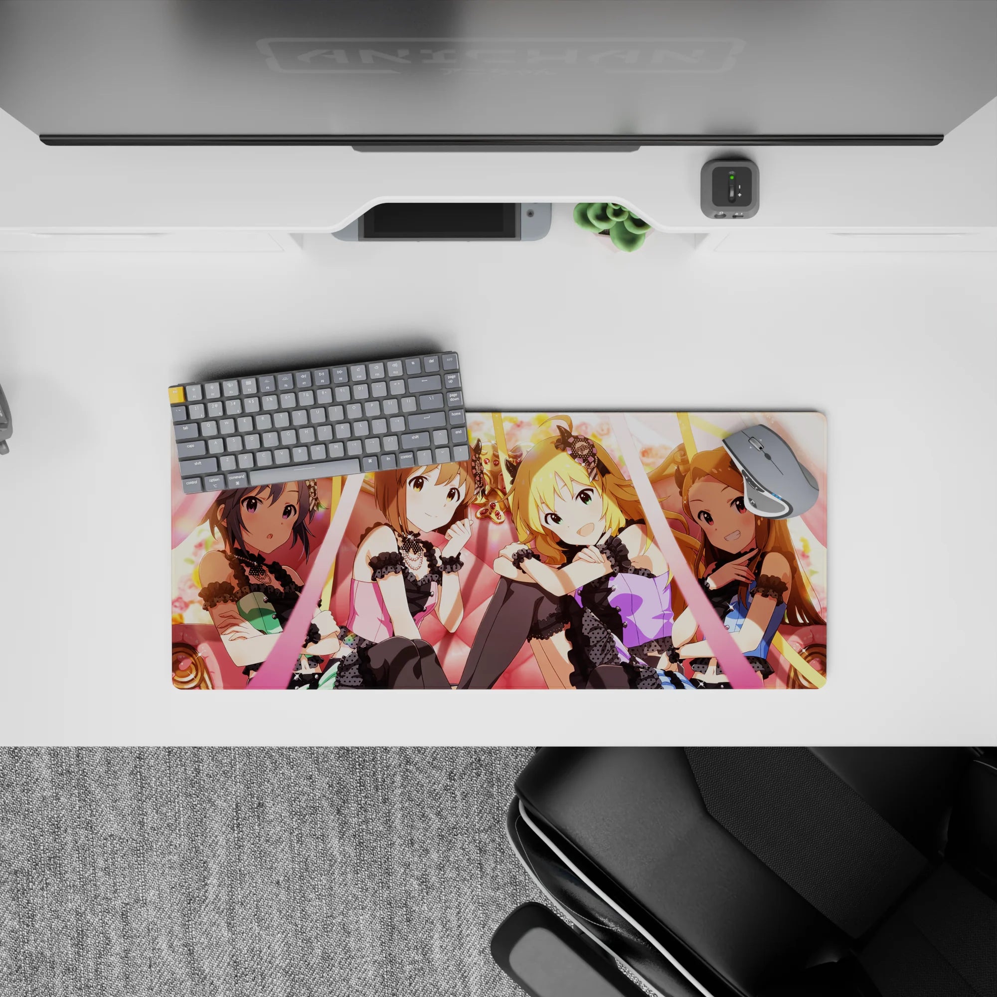 28x12 inches anime girl mouse pad in warm peach lights, candy pink and soft gold glow, sweet stage vibe.