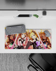 28x12 inches anime girl mouse pad in warm peach lights, candy pink and soft gold glow, sweet stage vibe.