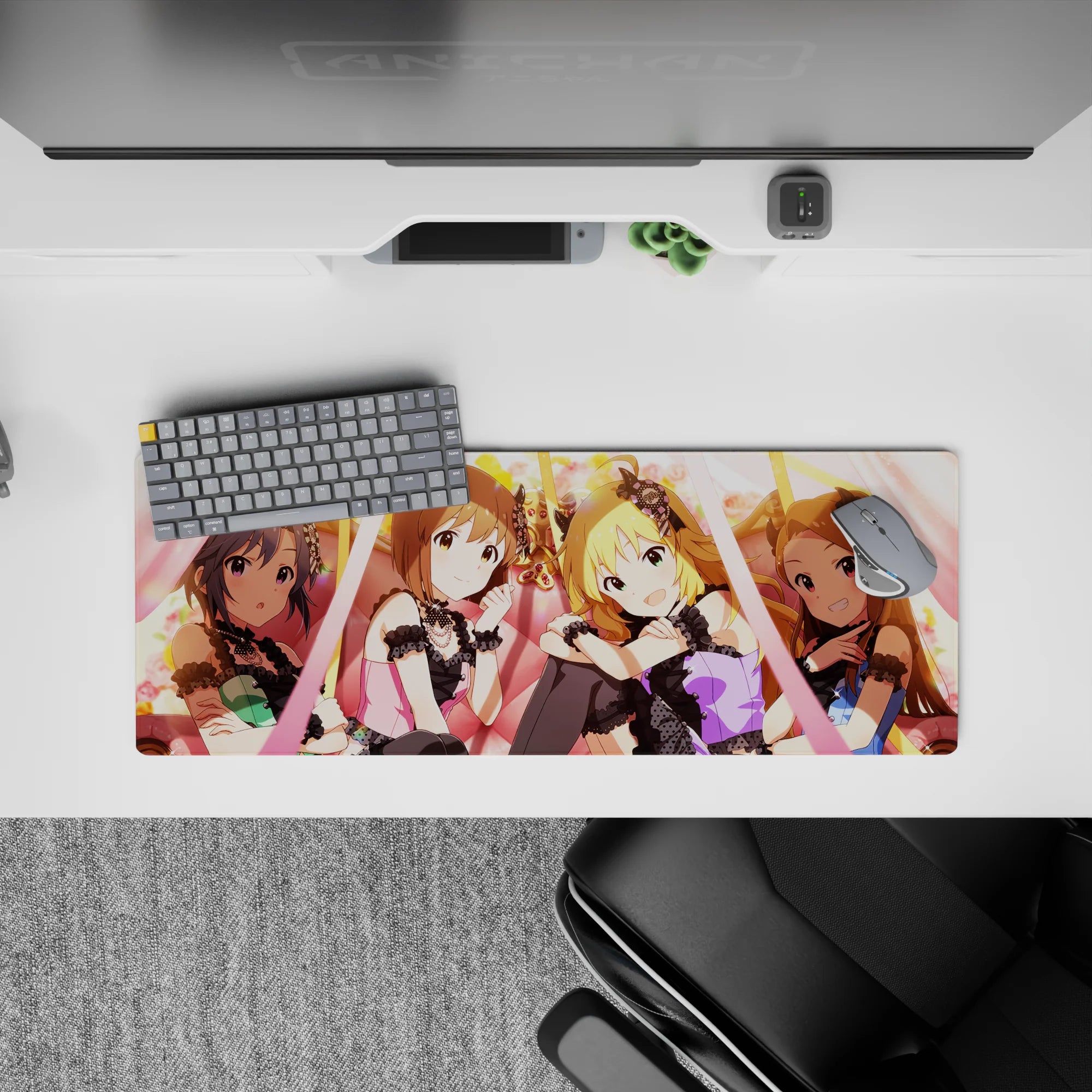 32x12 inches anime girl mouse pad in warm peach light, candy pink tones, and soft gold glow for a cute desk mood.