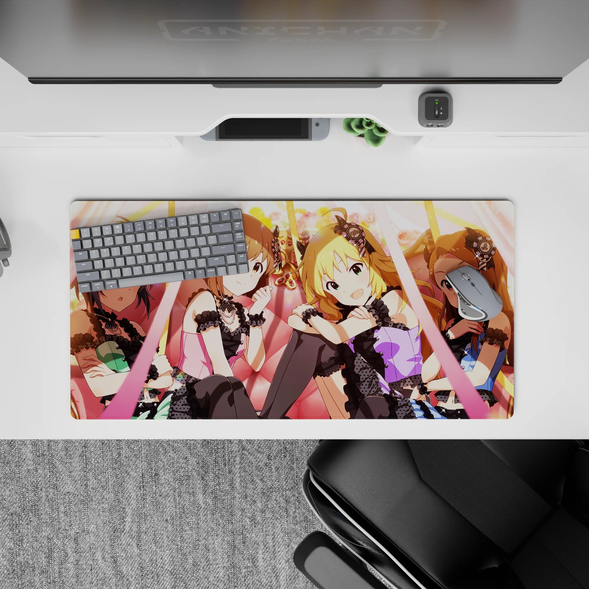 Anime girl mouse pad 32x16 inches in warm peach lights, candy pinks, and soft gold glow.