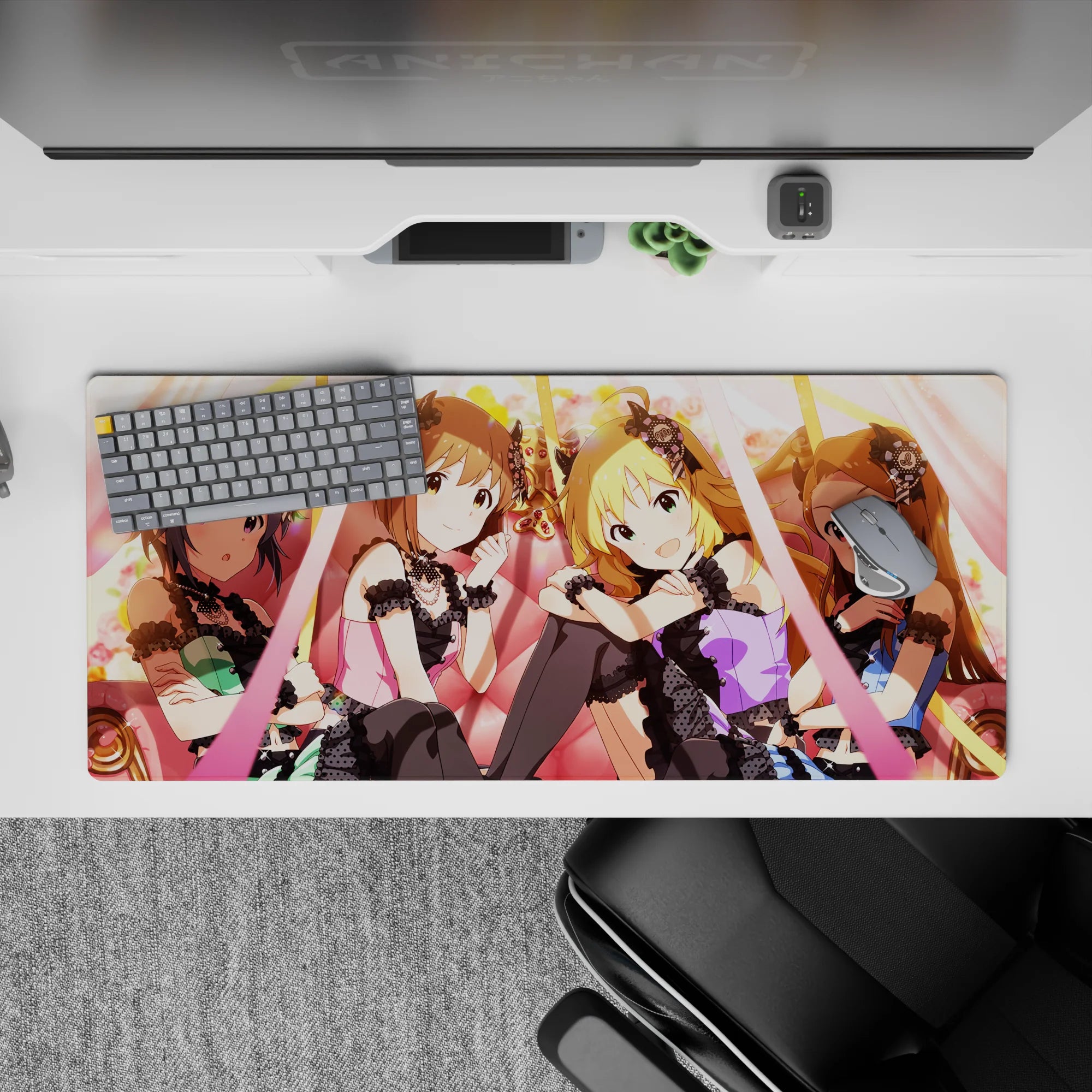 Anime girl desk pad 36x16 inches in warm peach lights, candy pink, and soft gold glow for a cute stage mood.