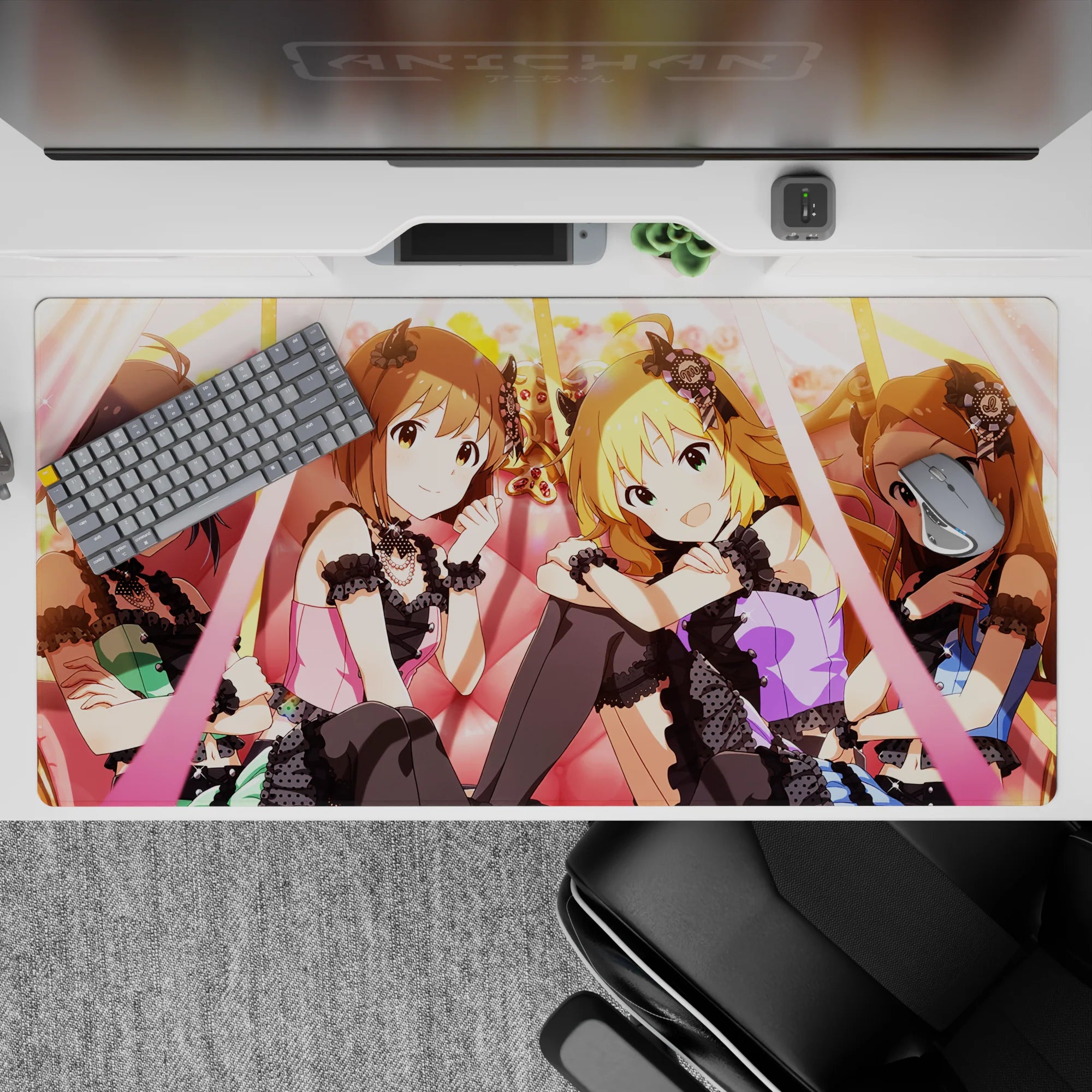 Anime girl desk pad 40x20 inches in warm peach lights, candy pink tones, and soft gold sparkle vibe.