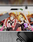 Anime girl desk pad 40x20 inches in warm peach lights, candy pink tones, and soft gold sparkle vibe.