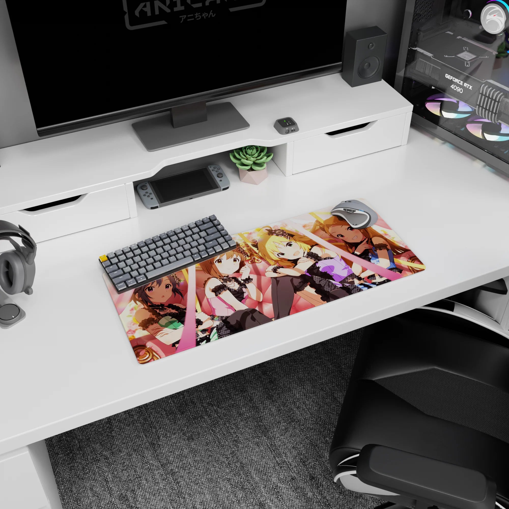 28x12 inches Idolmaster Cinderella Girls mouse pad featuring Anastasia, Uzuki, Mika and Rika on stage.
