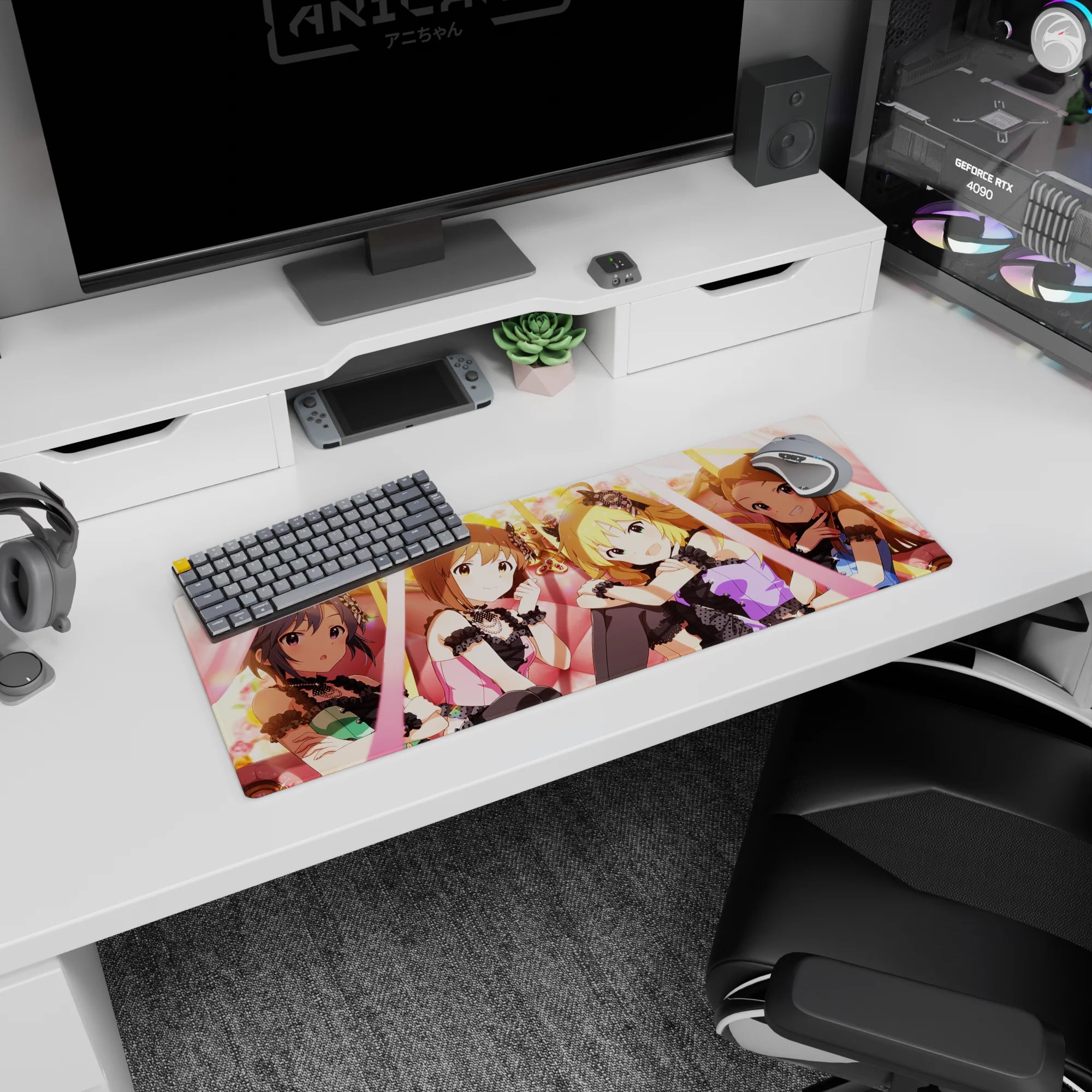 32x12 inches anime girl mouse pad featuring Anastasia, Uzuki Shimamura, Mika and Rika Jougasaki in flirty lace.