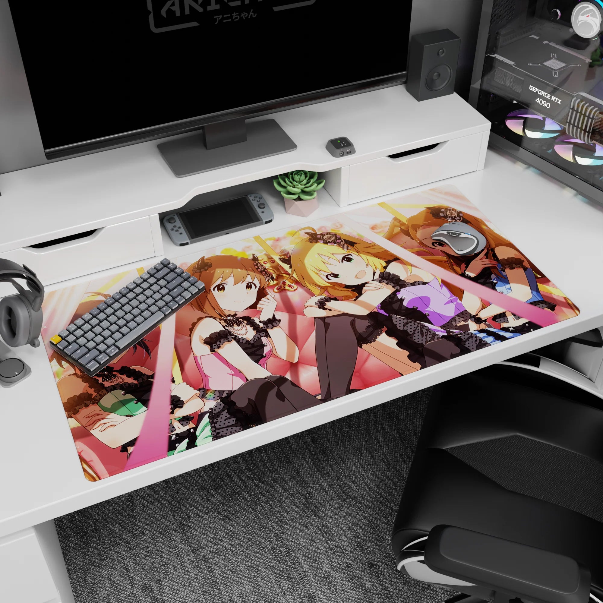 Anastasia with Uzuki, Mika, and Rika on anime girl desk pad 40x20 inches, flirty lace and ribbons.
