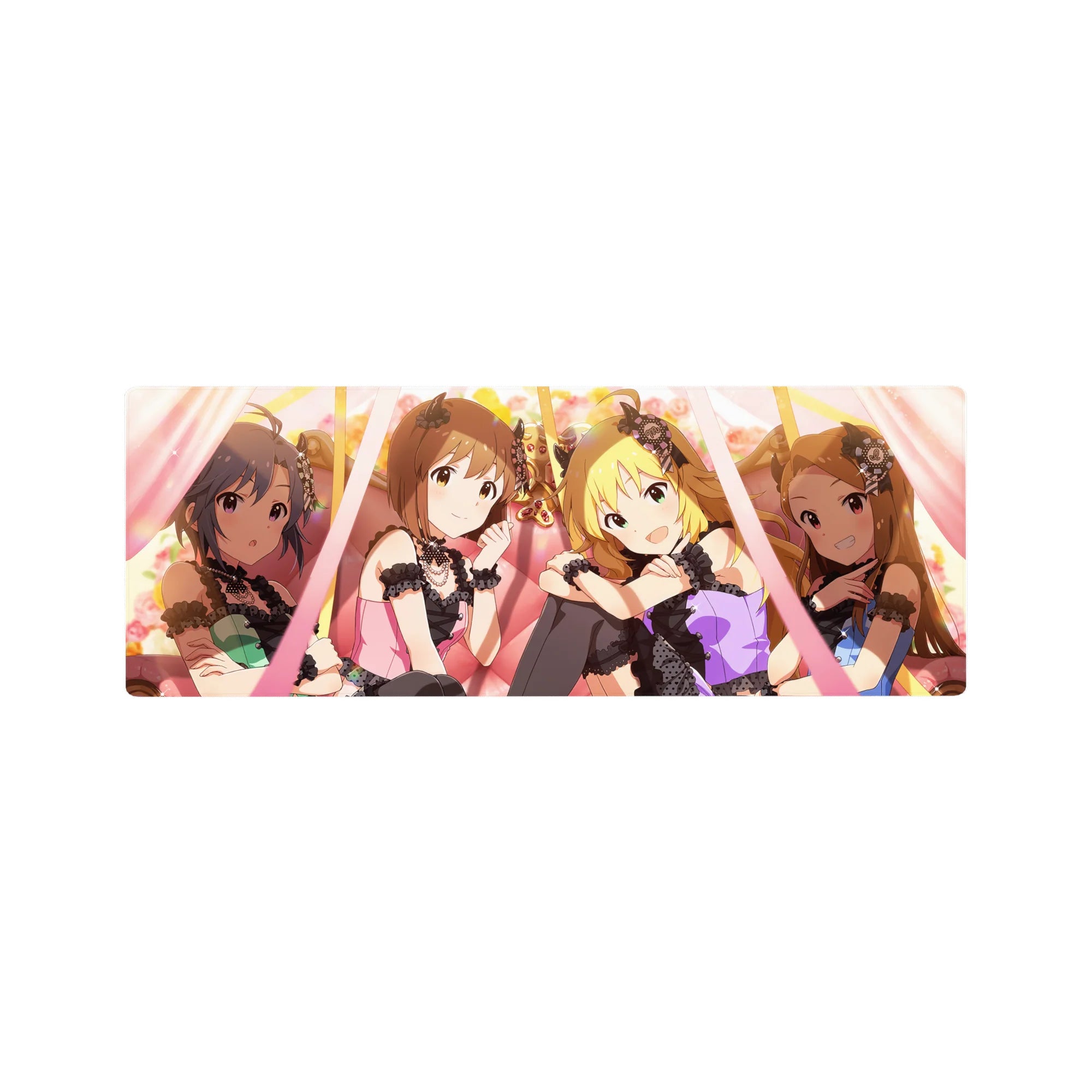 32x12 inches anime girl mouse pad with Cinderella Girls idols in lace, ribbons, and concert stage vibe.