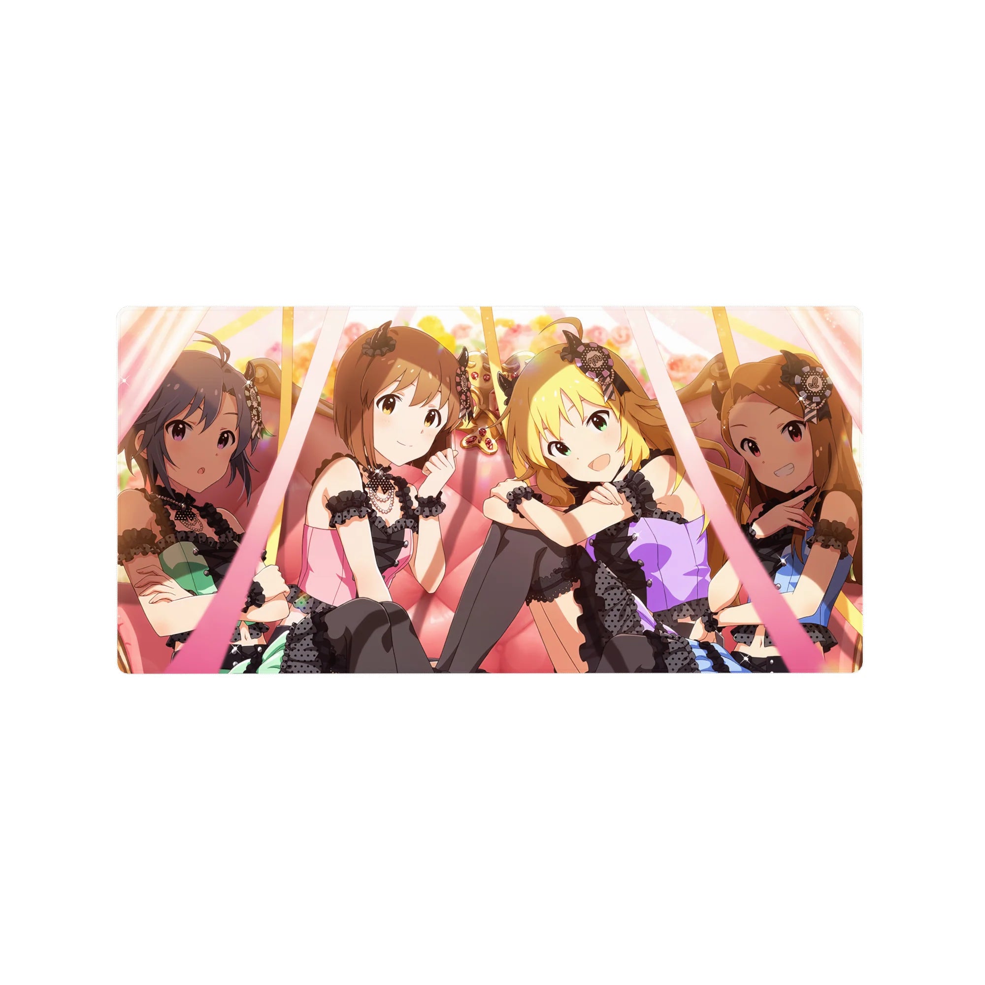Anime girl mouse pad 32x16 inches with lace, ribbons, and Cinderella Girls idol concert vibe.