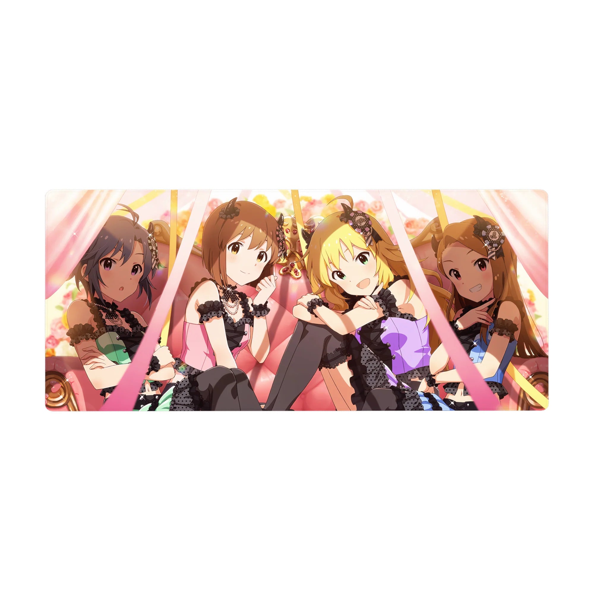 Anime girl desk pad 36x16 inches with lace-and-ribbon idols, concert-style layout, smooth mouse tracking.