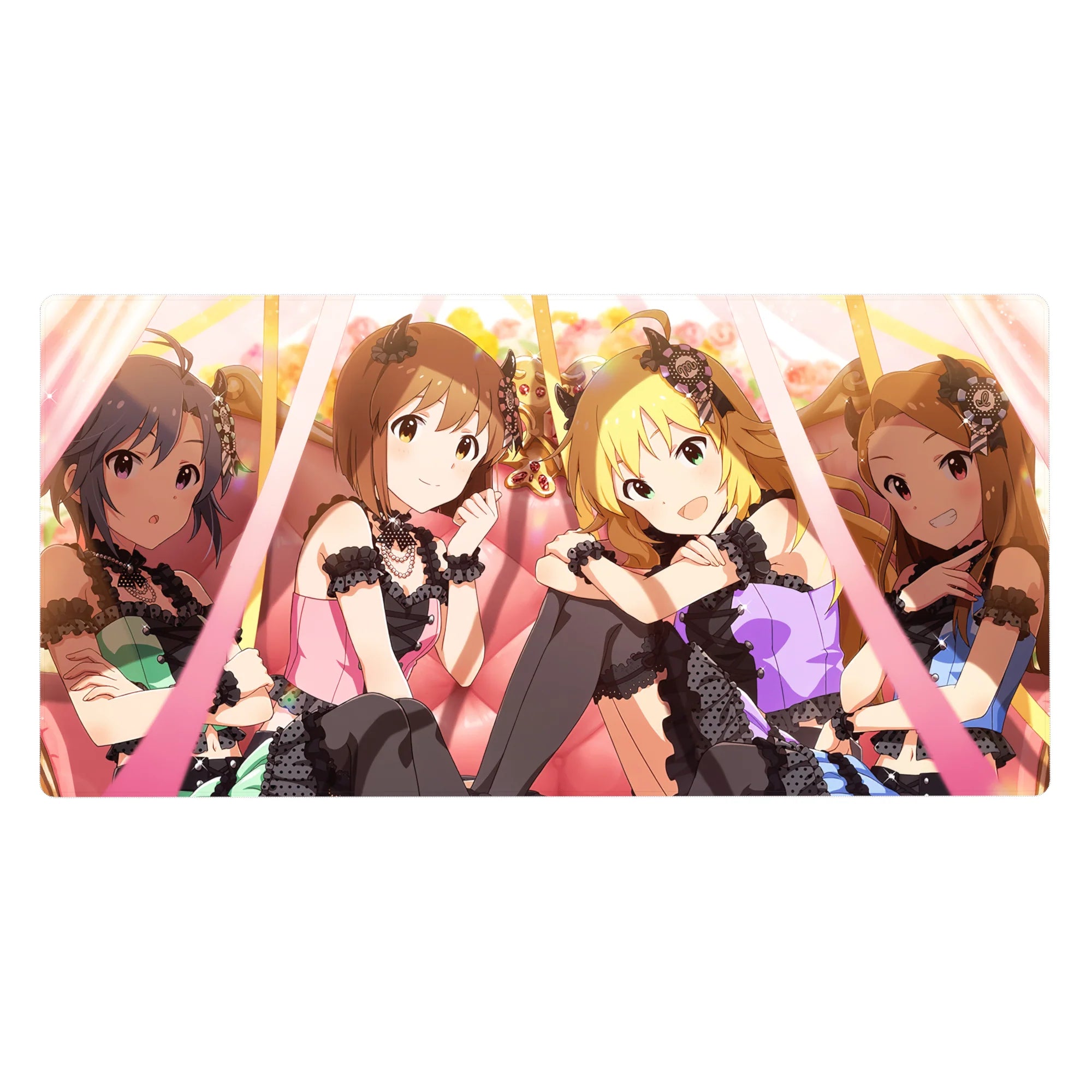 Anime girl desk pad 40x20 inches with Cinderella Girls idols in lace, ribbons, and concert-stage glow.