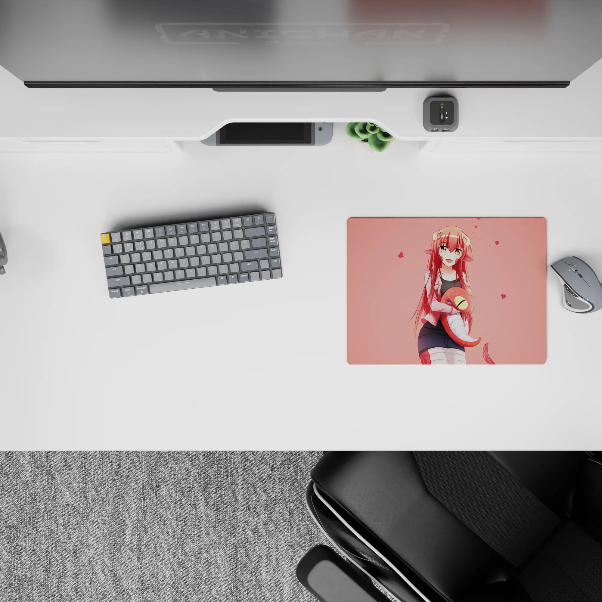 Soft pink blush anime mouse pad 14x10 inches, cozy cute vibe with tiny hearts and warm smiling girl.