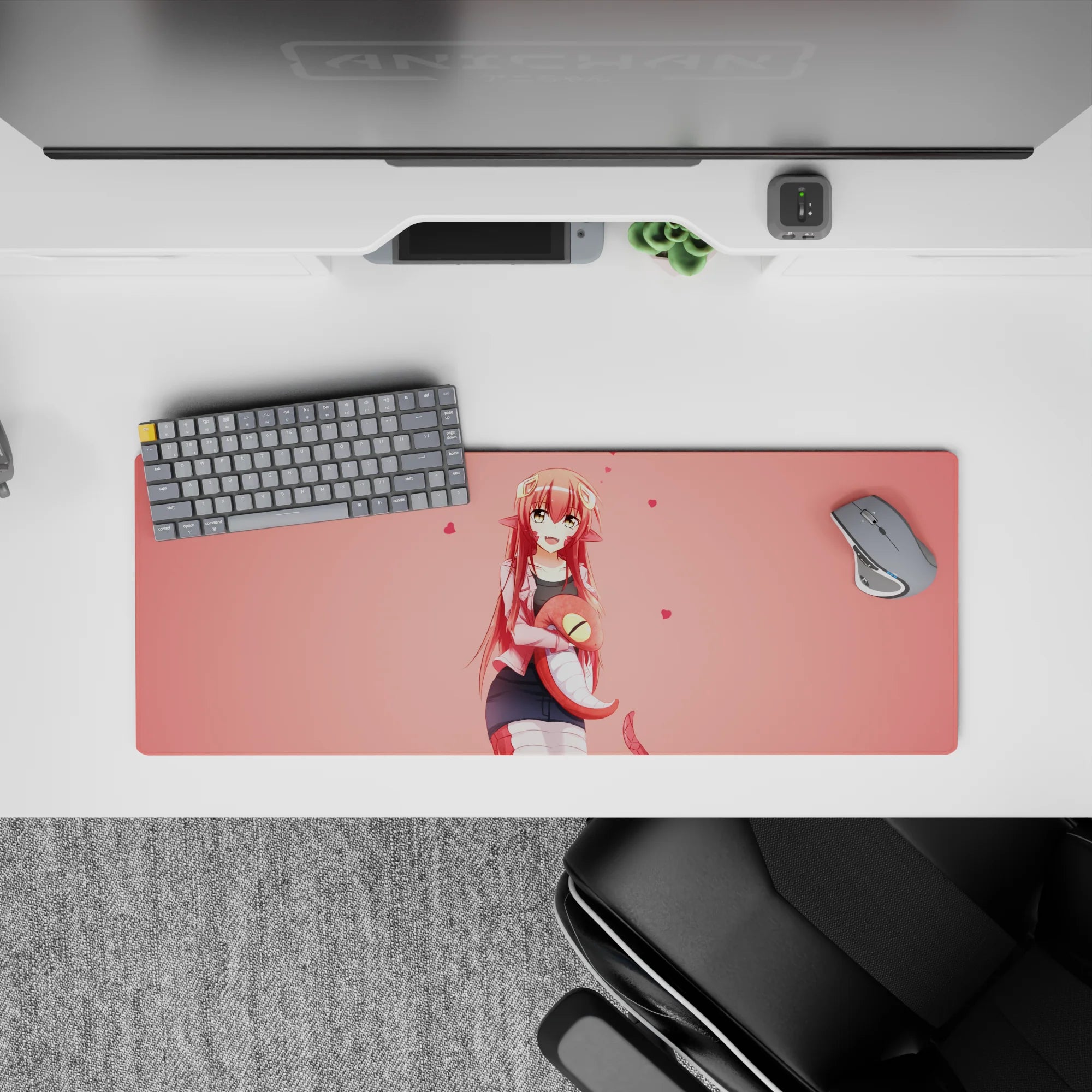 Pink blush anime desk mat mouse pad 32x12 inches, cozy cute vibe with tiny hearts and soft tones.