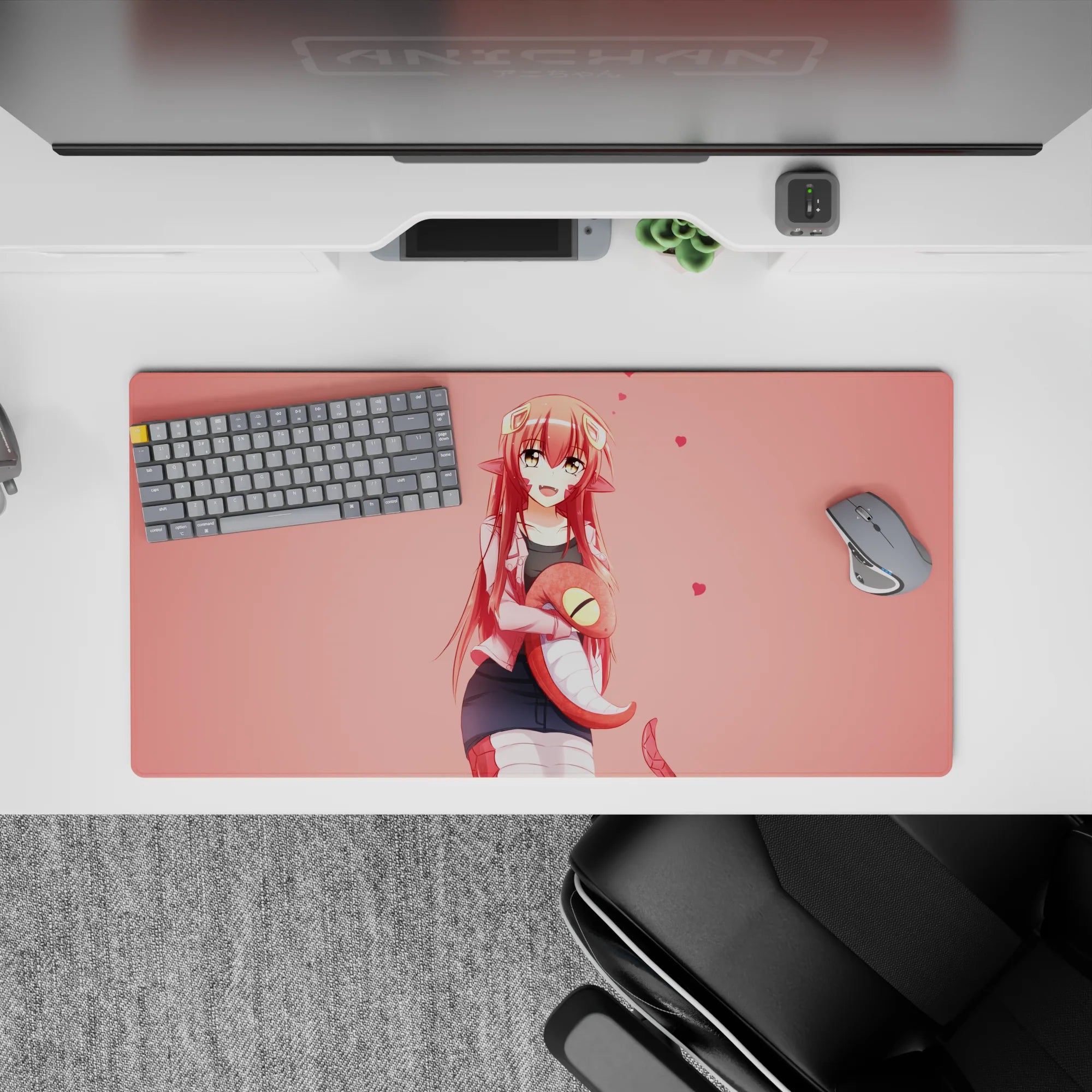 Soft blush pink anime girl mouse pad 32x16 inches with cozy flirty vibes and smooth gaming glide.