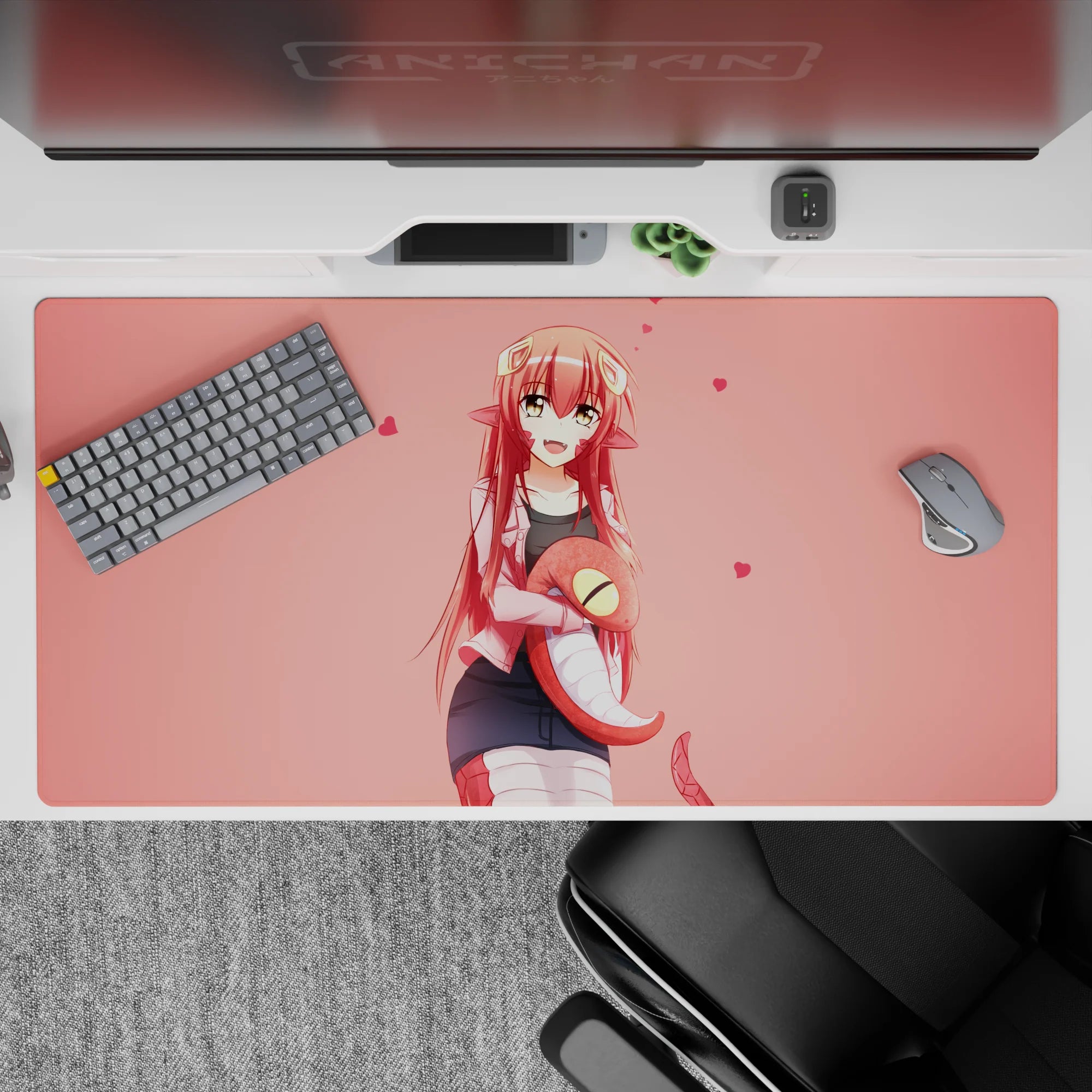 Pink blush 40x20 inches anime desk pad with cozy cute vibes, tiny hearts, soft comfy look.