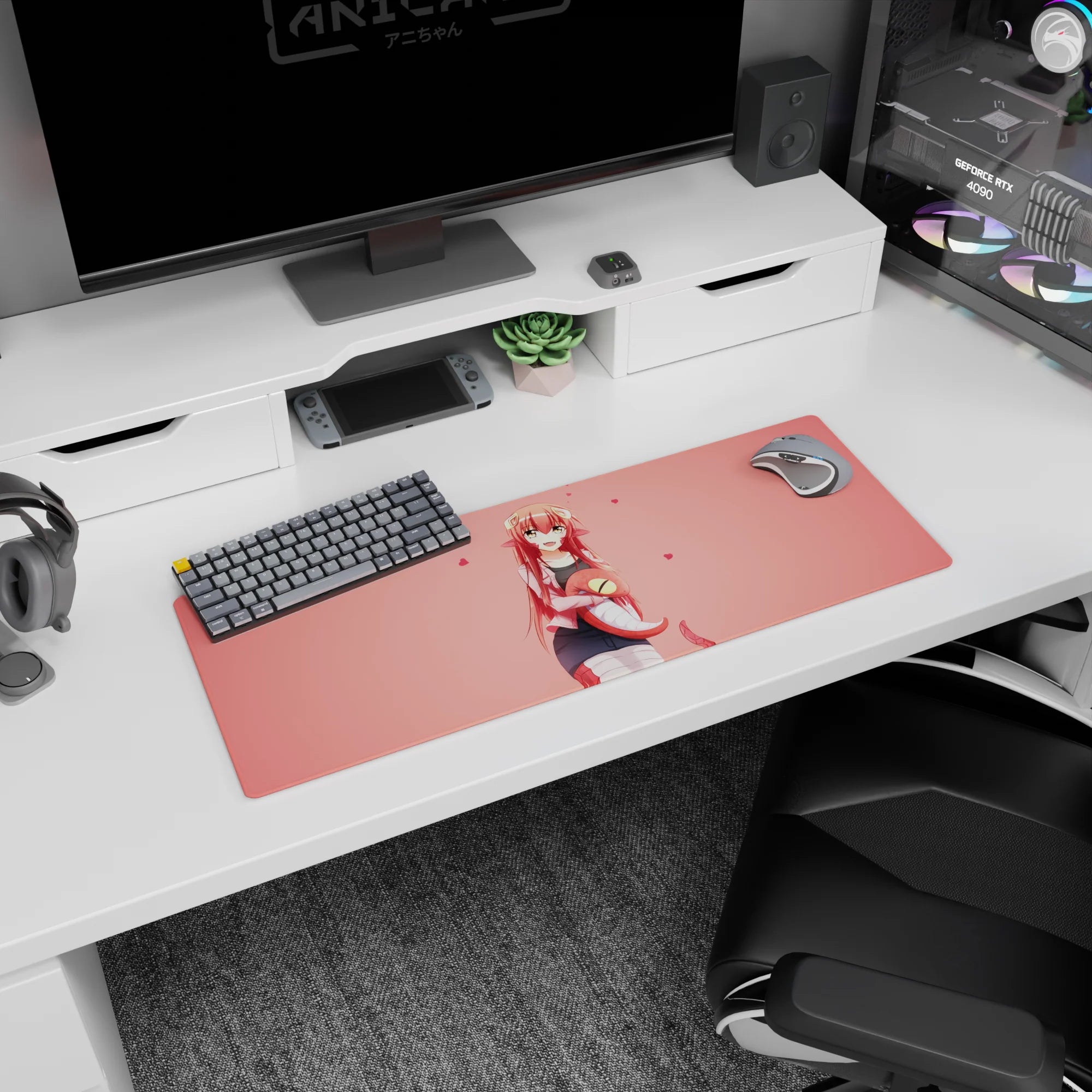 Miia from Monster Musume smiling with curled snake tail on anime mouse pad 32x12 inches, heart backdrop.