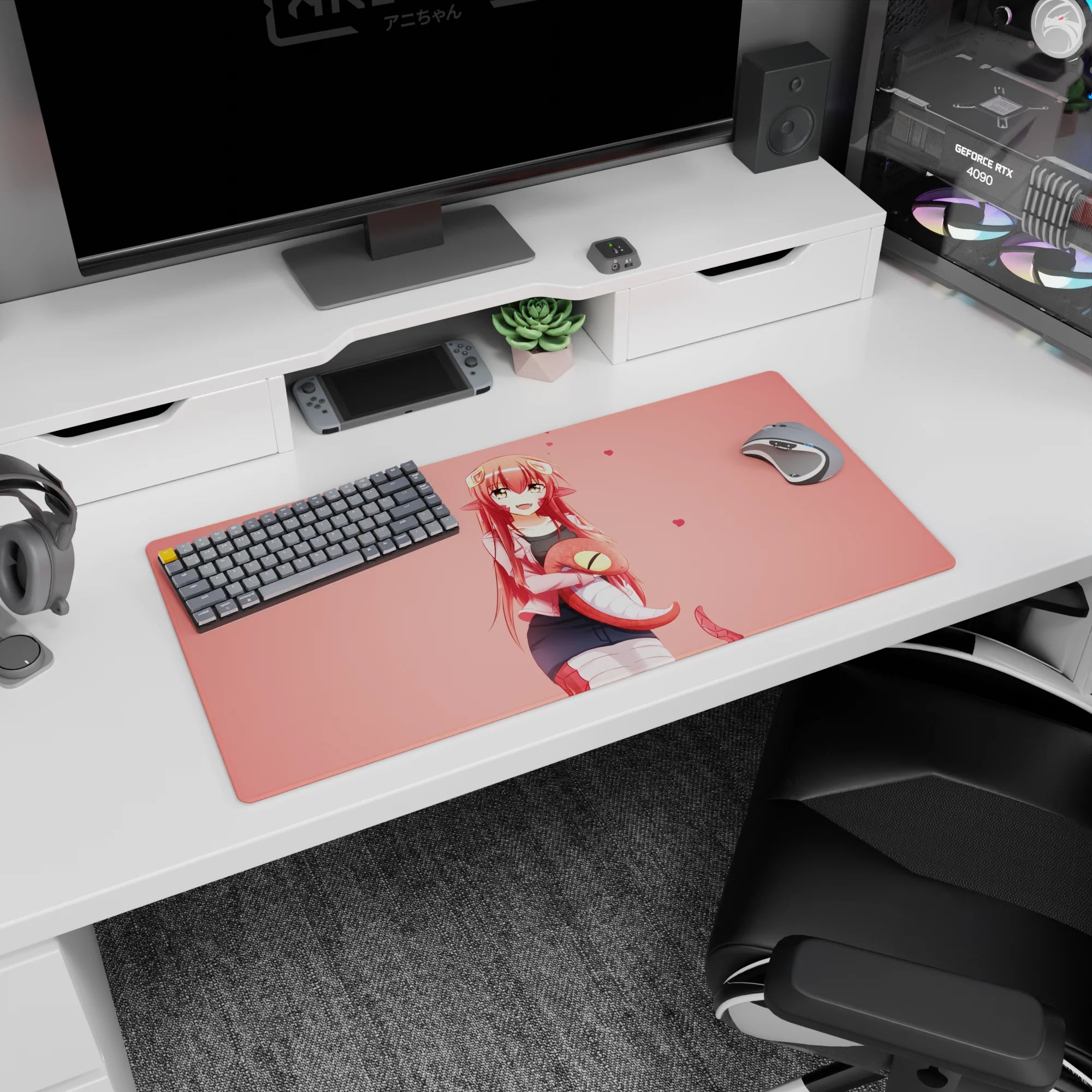 Miia from Monster Musume smiling with curled lamia tail on an anime girl mouse pad 32x16 inches.