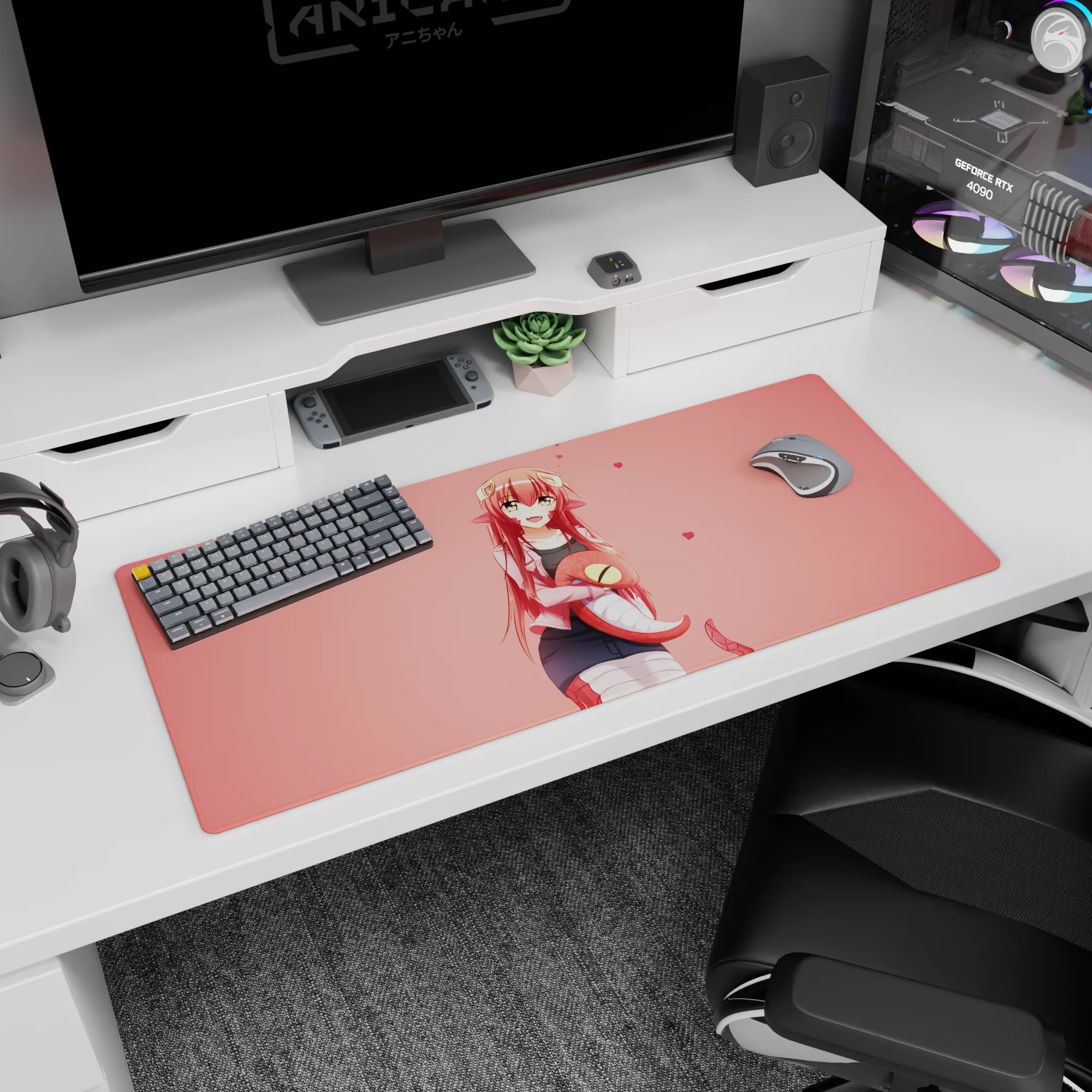 36x16 inches Monster Musume Miia desk pad, smiling lamia with curled tail on a heart-filled backdrop.