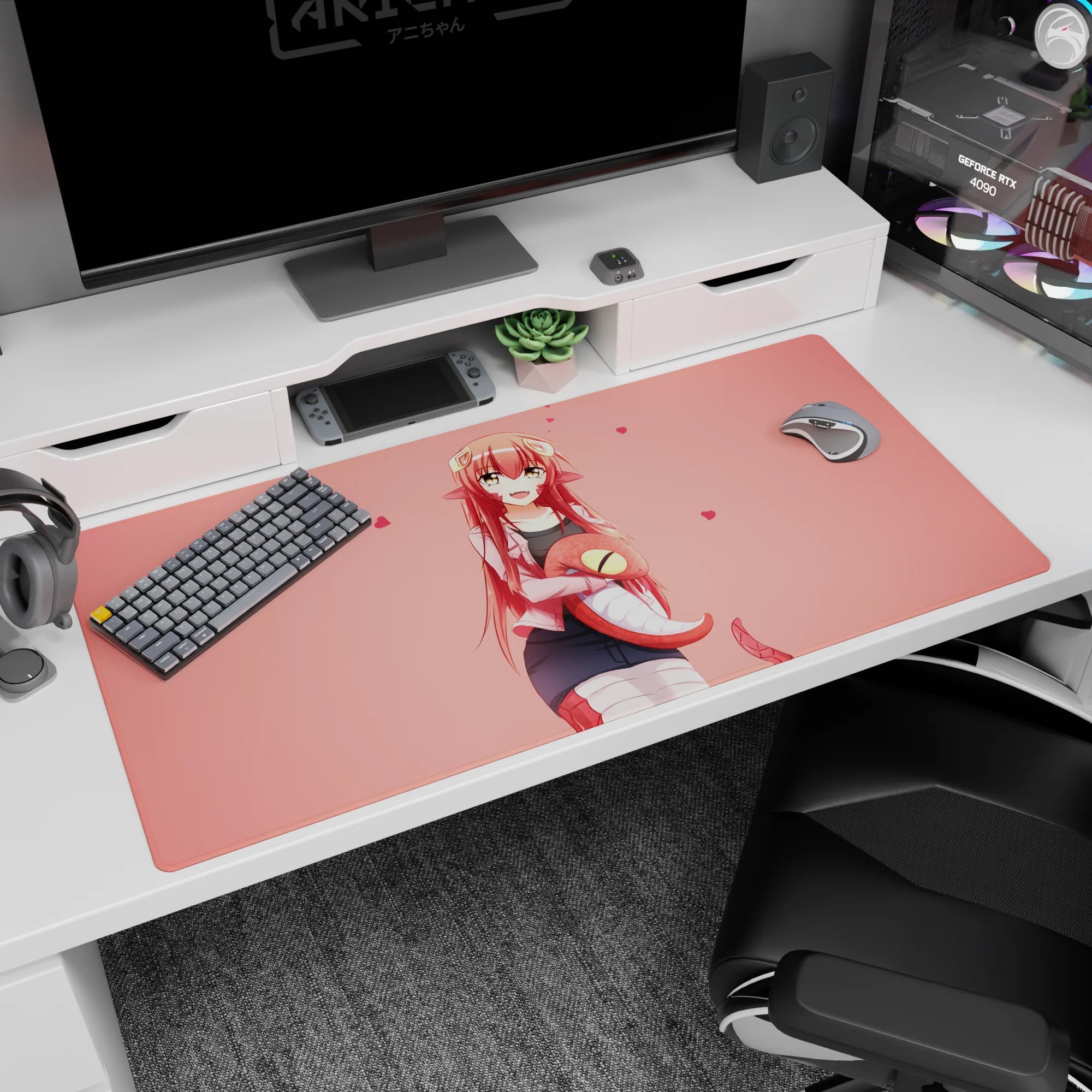Miia from Monster Musume smiling on a 40x20 inches desk pad, curled lamia tail and hearts.