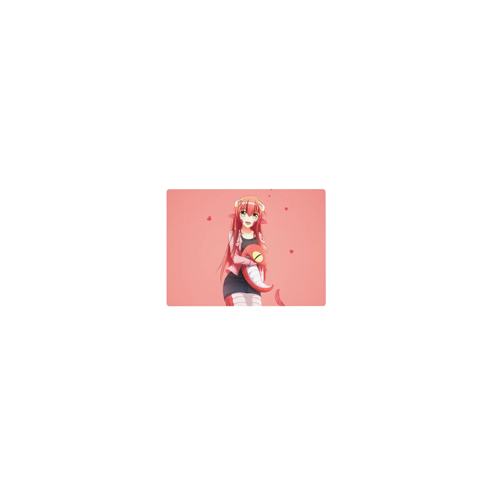 Classic anime girl mouse pad 14x10 inches with Miia lamia art, floating hearts, smooth gaming surface.