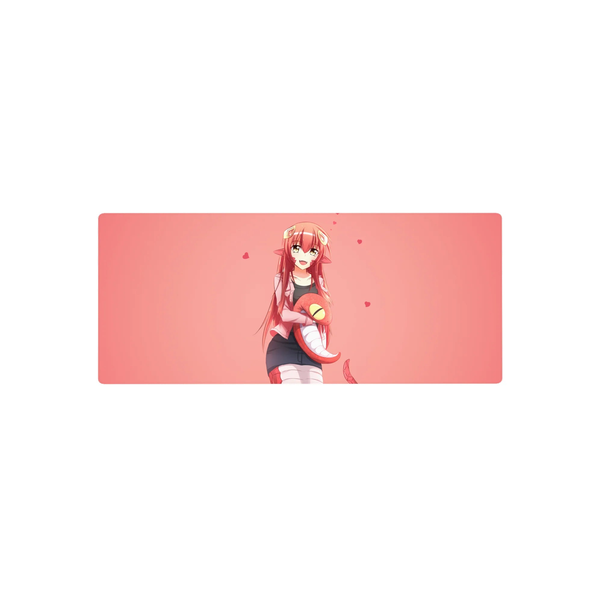 28x12 inches anime girl mouse pad with Miia lamia art, floating hearts, smooth desk mat for gaming.