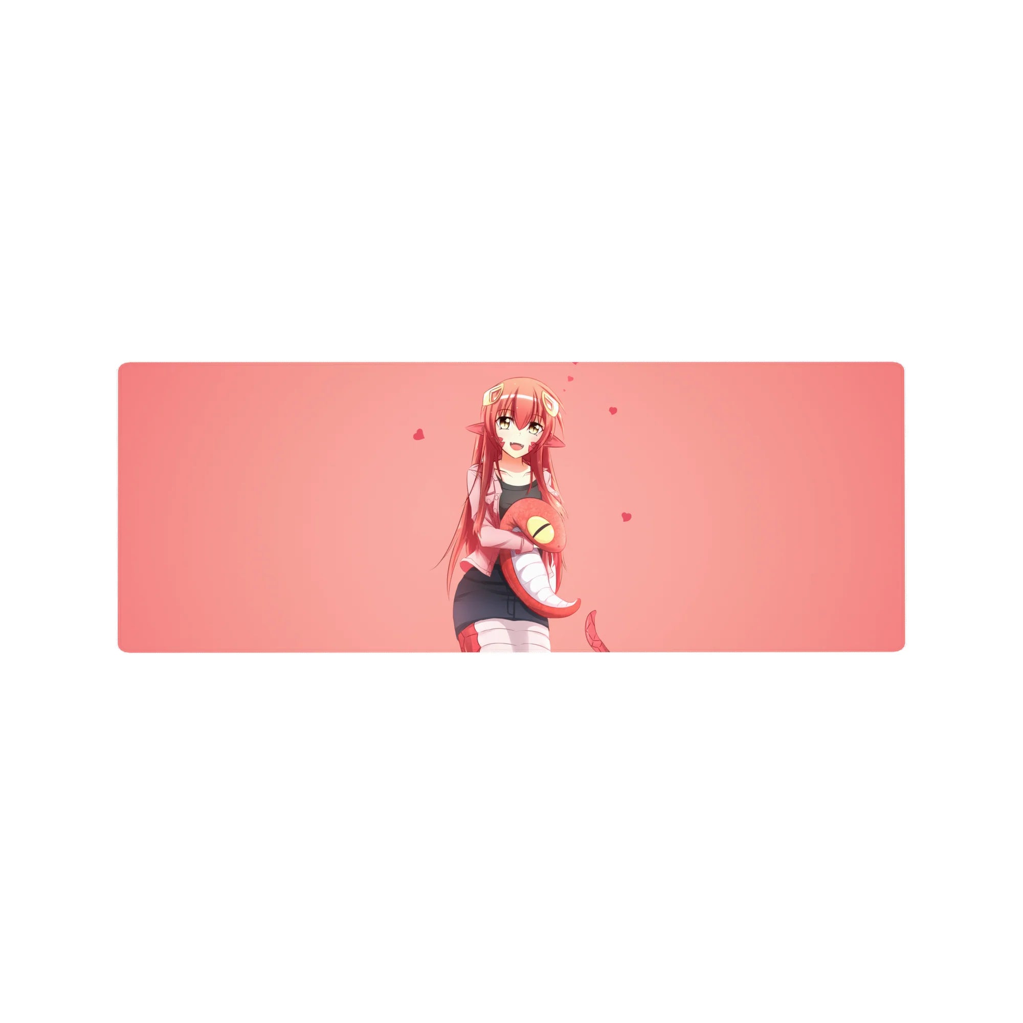 Anime girl mouse pad 32x12 inches with Miia lamia art, floating hearts, and smooth gaming surface.